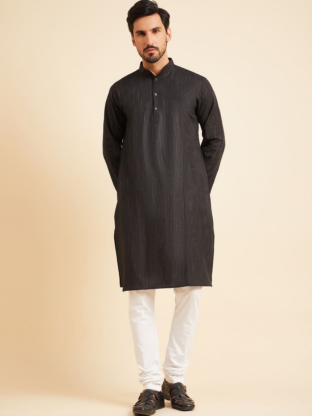 

Sangria Black Striped Mandarin Collar Cotton Straight Kurta