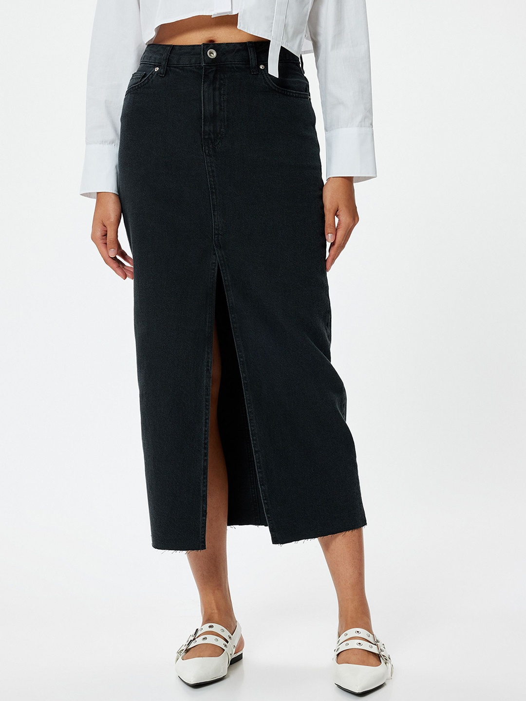 

Koton Pure Cotton Front Slit Straight Midi Skirts, Black