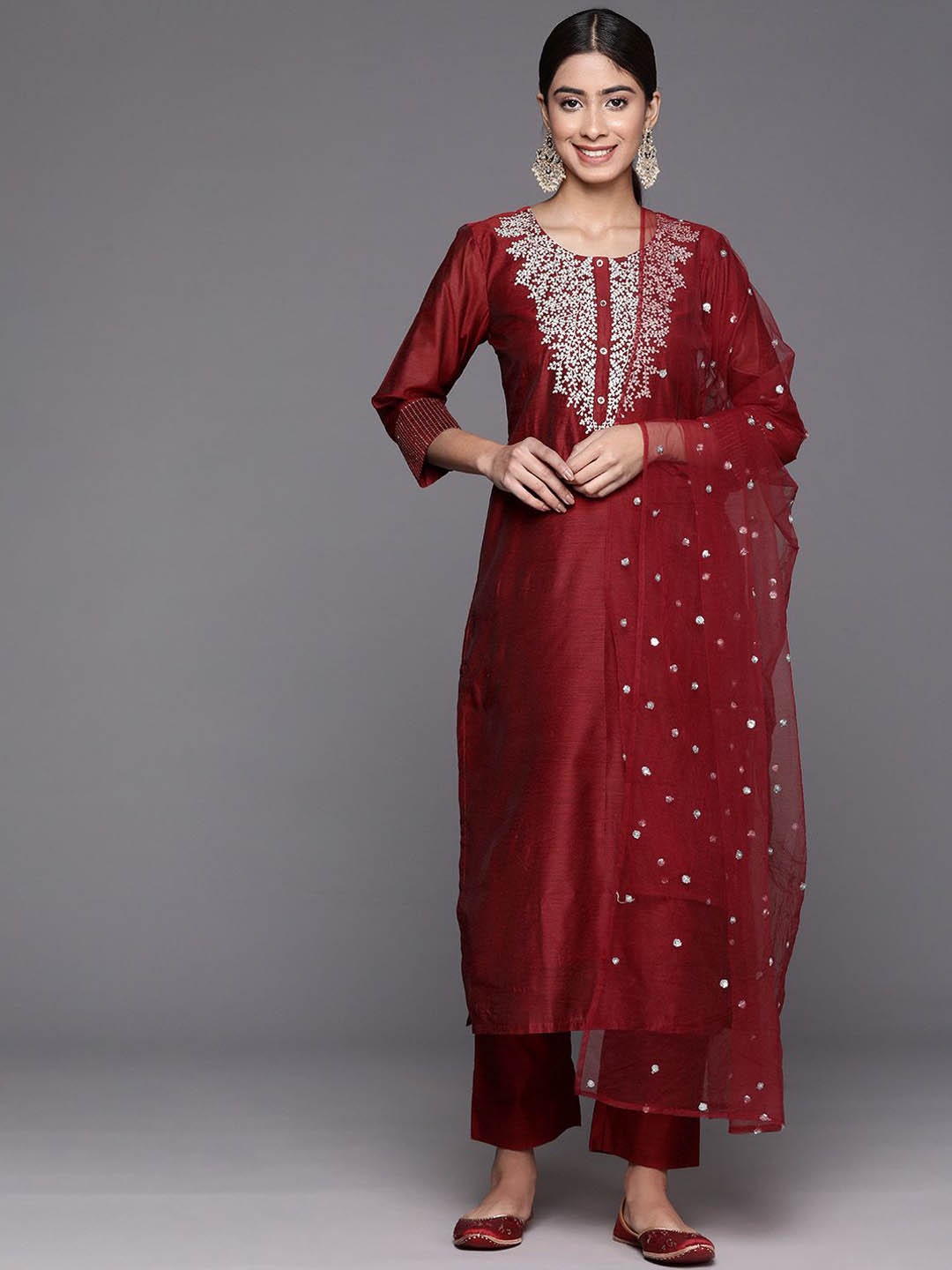 

Varanga Floral Yoke Design Chanderi Silk Straight Kurta & Trousers With Dupatta, Maroon