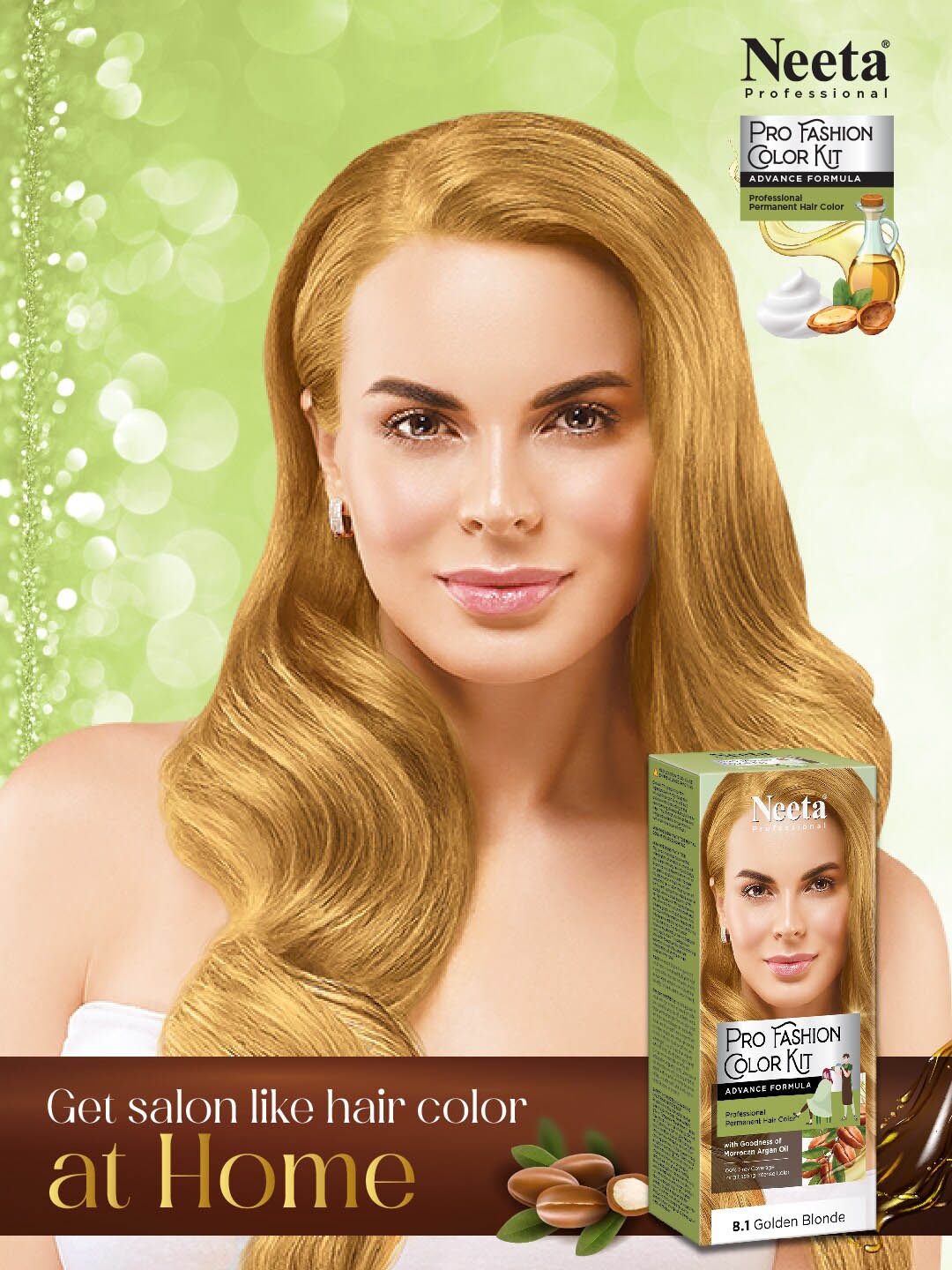 

Neeta Professional Pro Fashion Permanent Hair Color Kit 100g - Golden Blonde 8.1, Gold