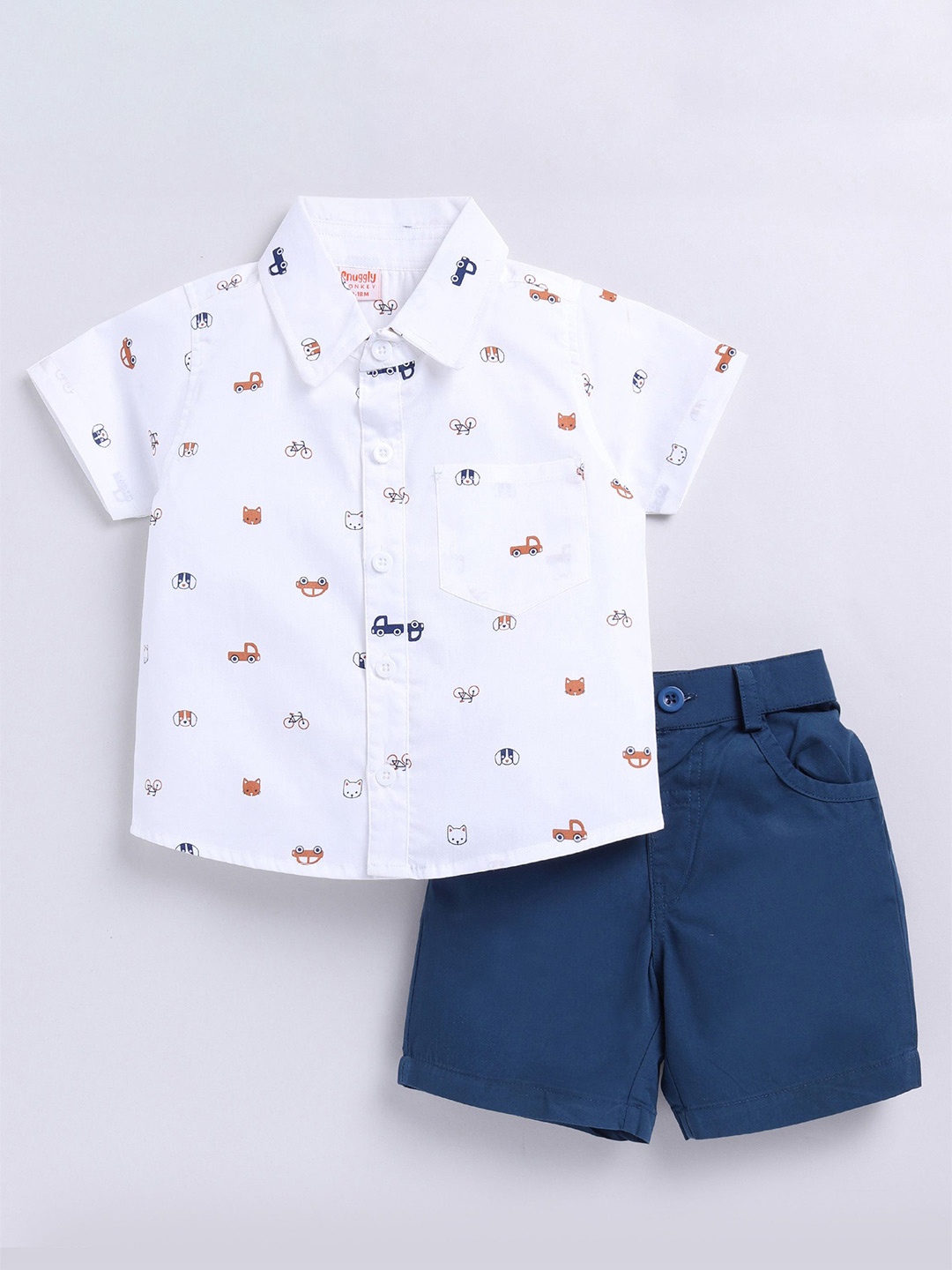 

SNUGGLY MONKEY Boys Dog Car Printed Shirt Collar Pure Cotton Top with Shorts Set, White