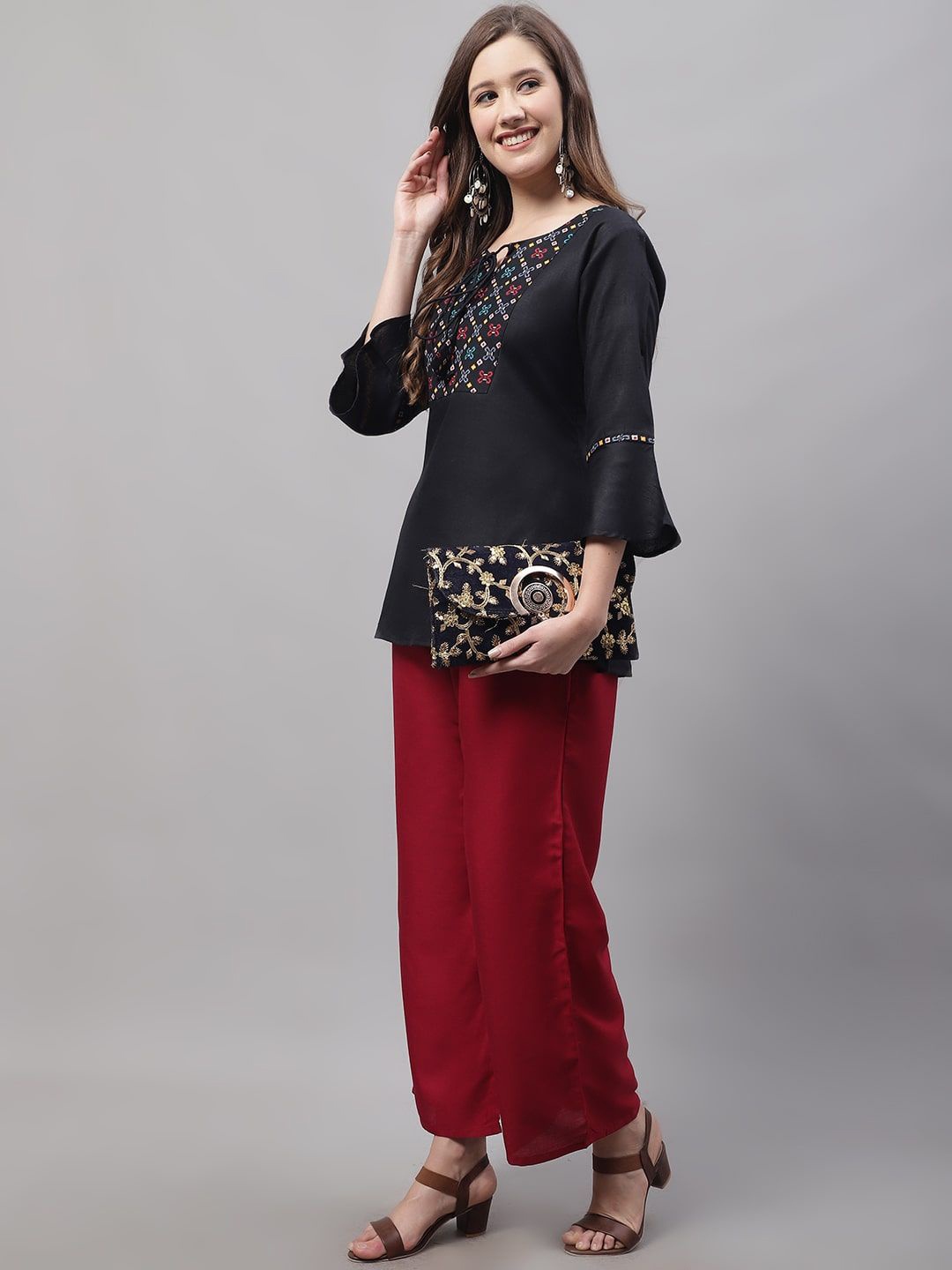 

Jinfo Women Flared Knitted Ethnic Palazzos, Maroon