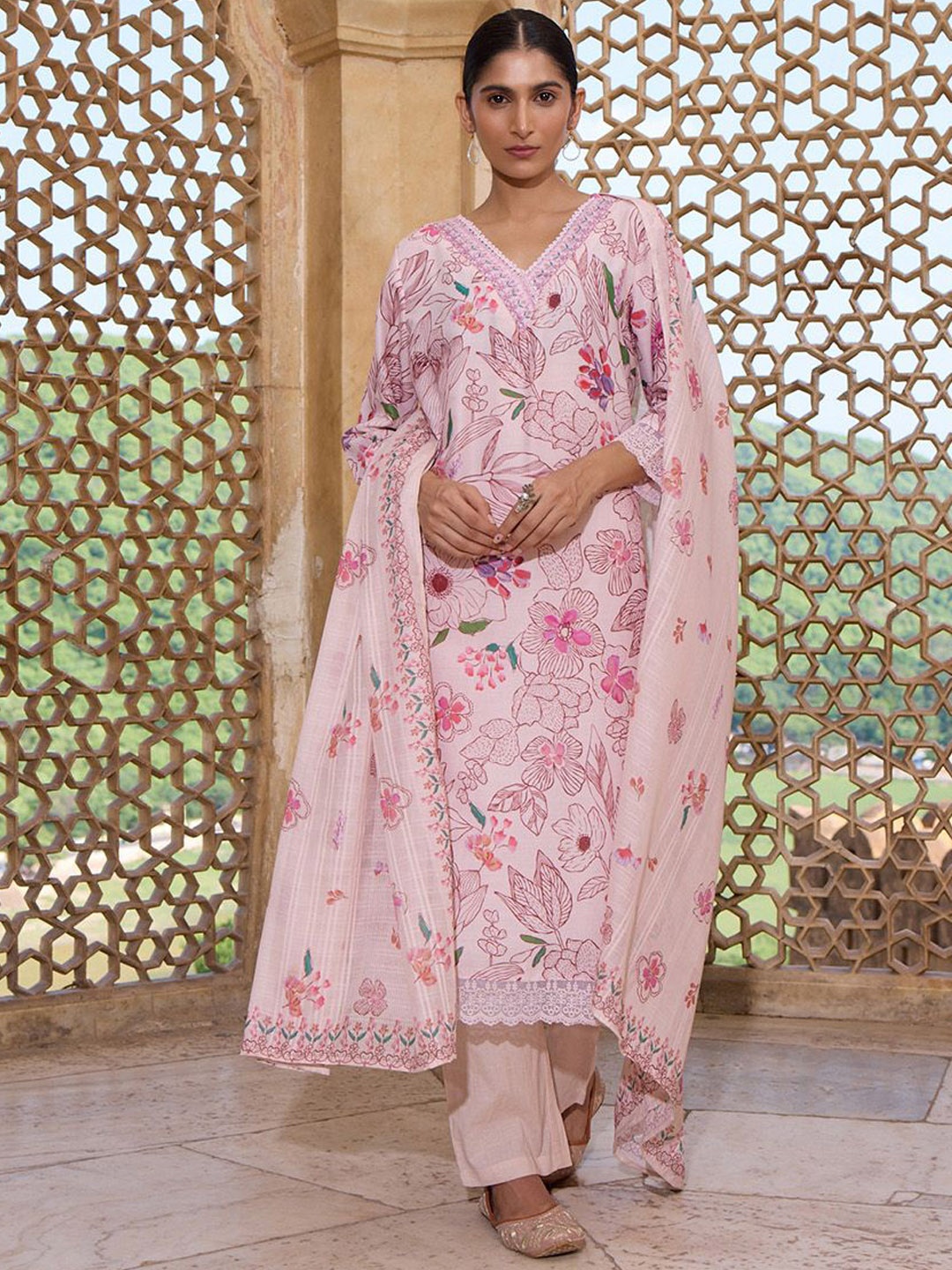 

VIRICA Floral Printed V-Neck Phulkari Straight Kurta With Palazzos & With Dupatta, Pink