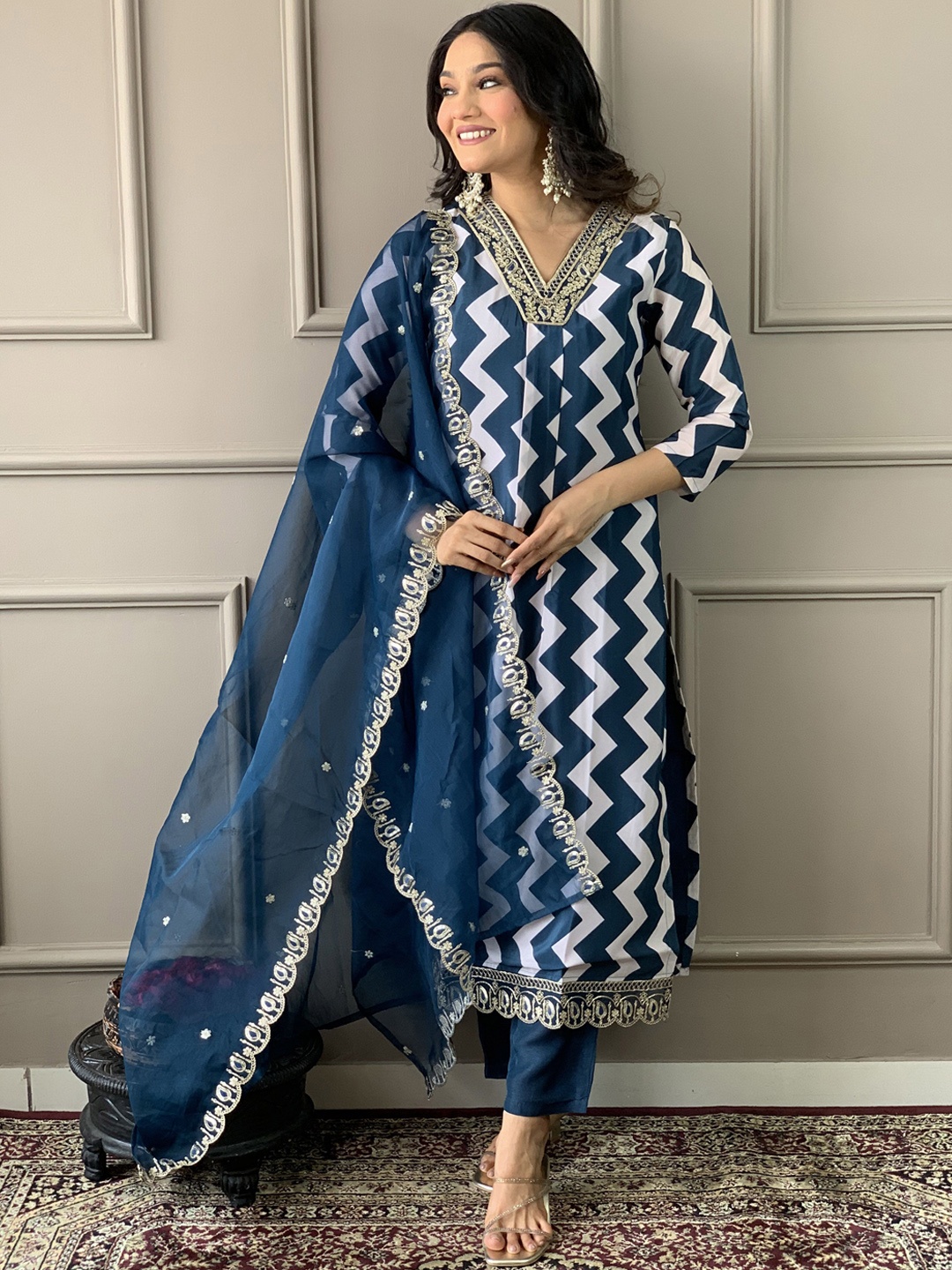 

KALINI Chevron Printed Gotta Patti Kurta with Trousers & Dupatta, Turquoise blue