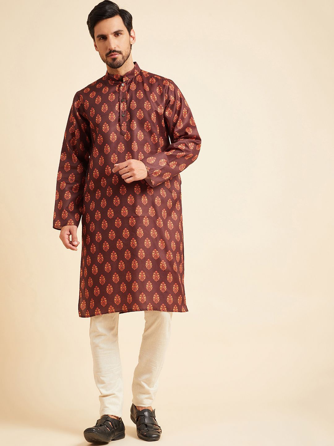 

Sangria Ethnic Motifs Printed Band Collar Cotton Straight Kurta, Brown