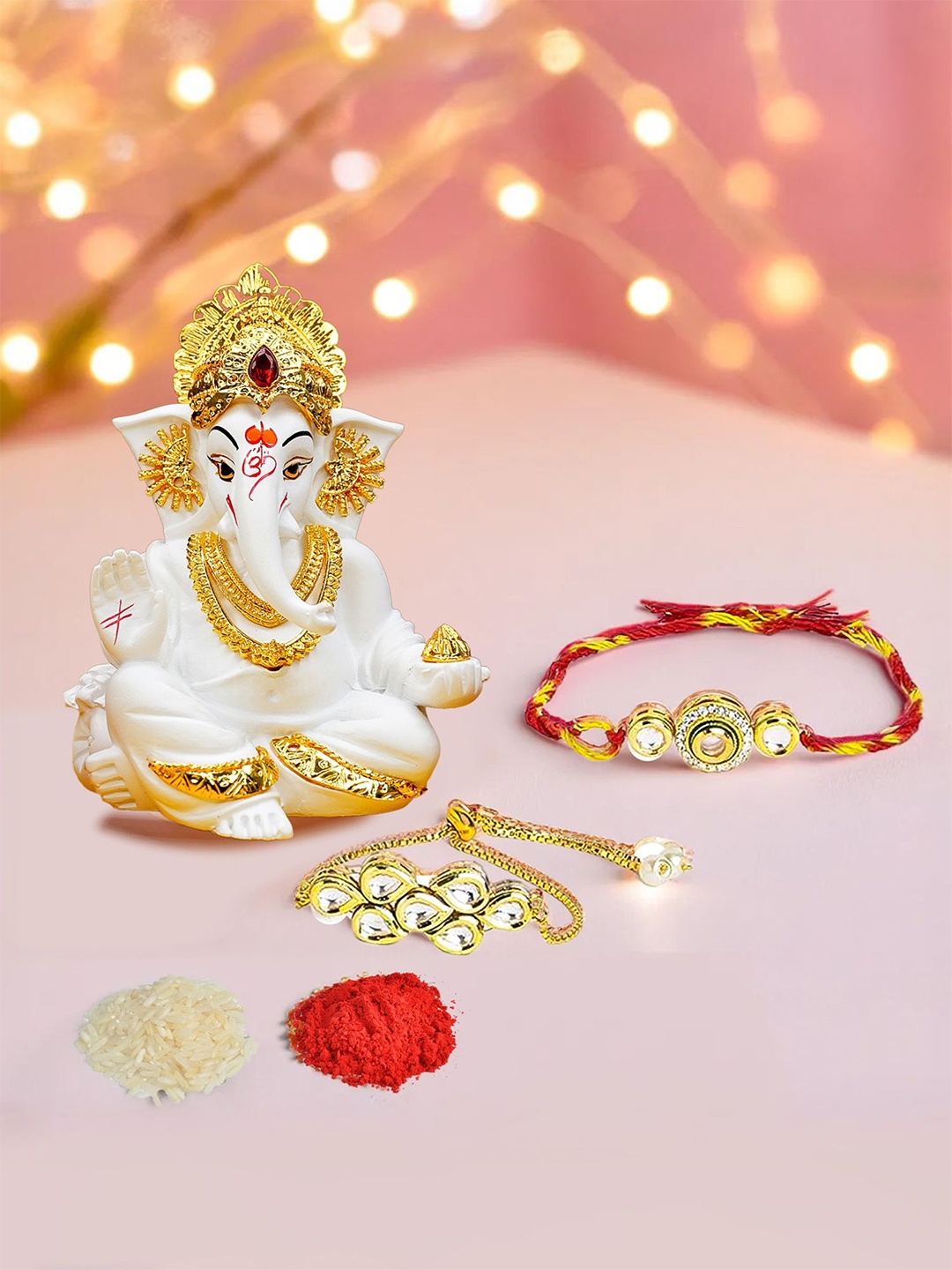 

Ekhasa Set Of 3 Bhaiya Bhabhi Rakhi with Ganesha Idol, White