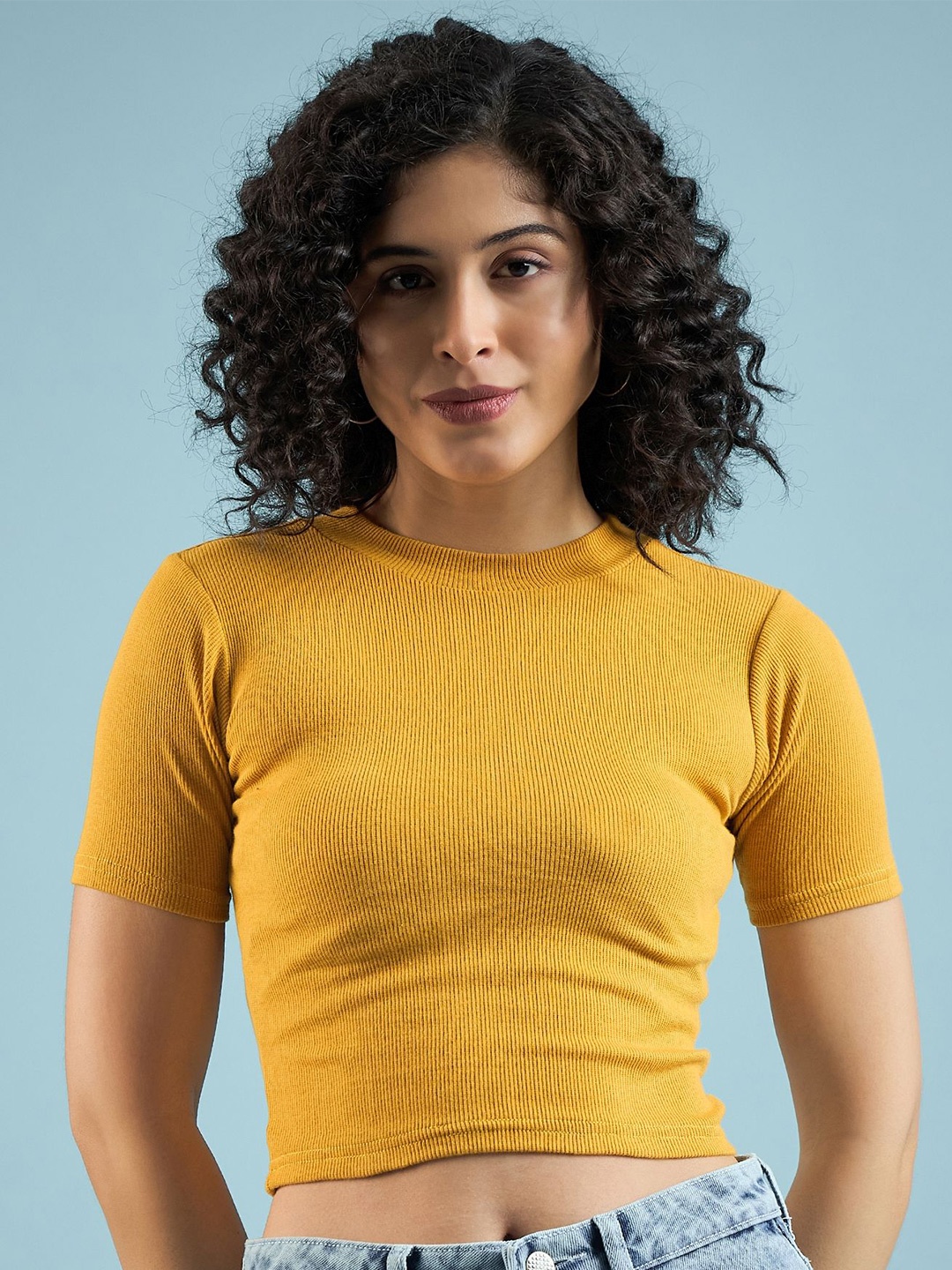 

DressBerry Women Solid Round Neck Pure Cotton Top, Mustard