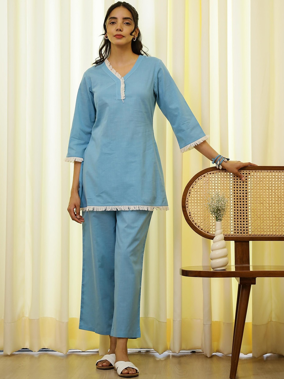 

FLAVIA CREATION V-Neck Pure Cotton Tunic With Trouser, Blue