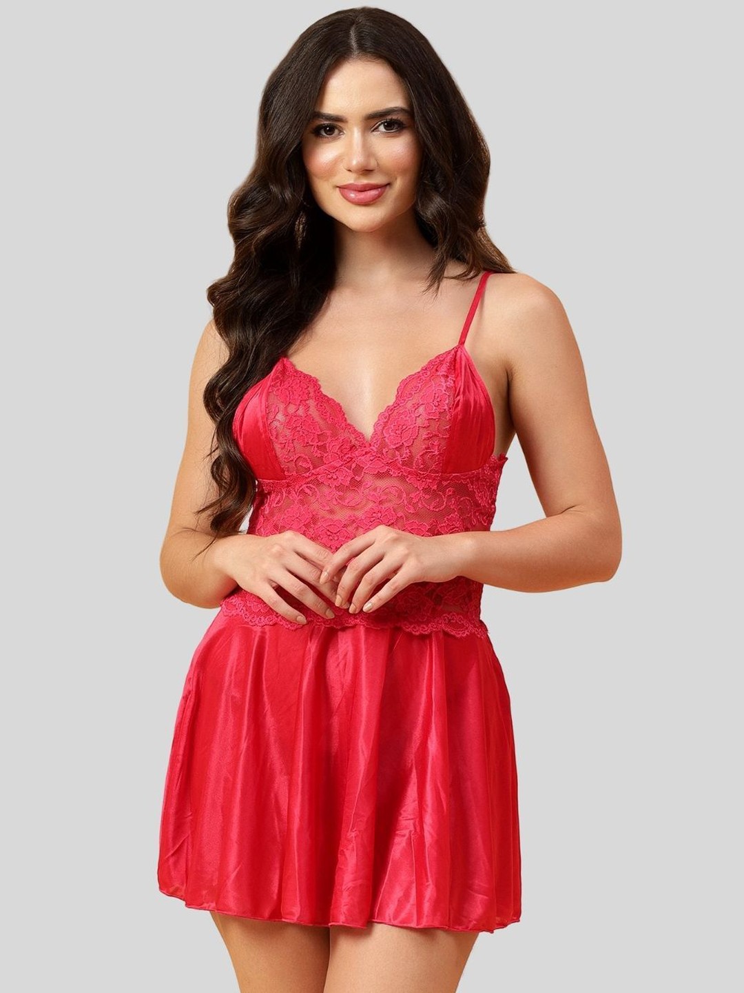 

Velvi FIGURE Women Self Design Shoulder Straps Baby Doll, Red
