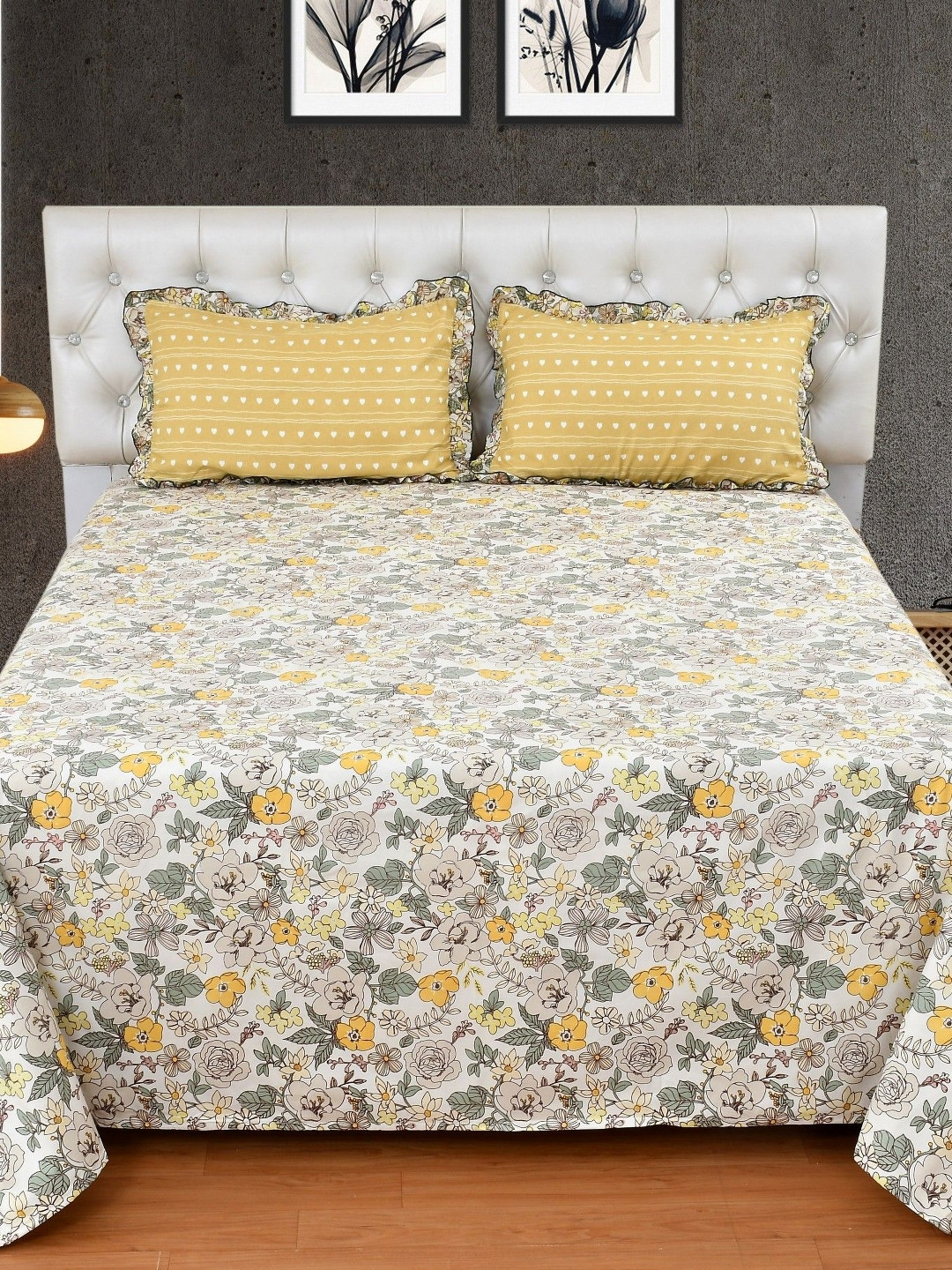 

BREVARD Yellow & Grey Floral 5 Pieces Cotton Frill Double King Regular Bedding Set