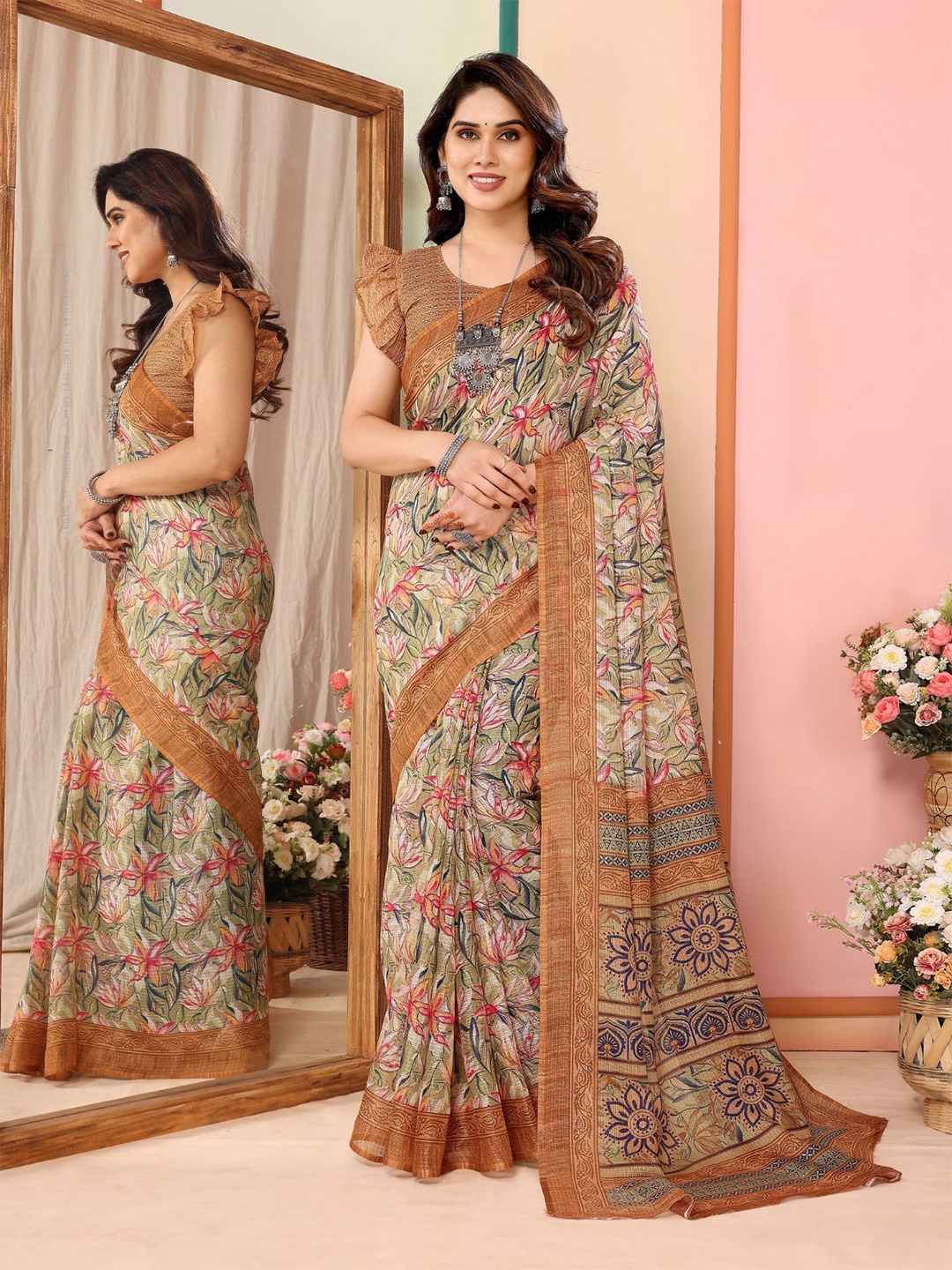 

ODETTE Floral Printed Saree With Unstitched Blouse, Brown