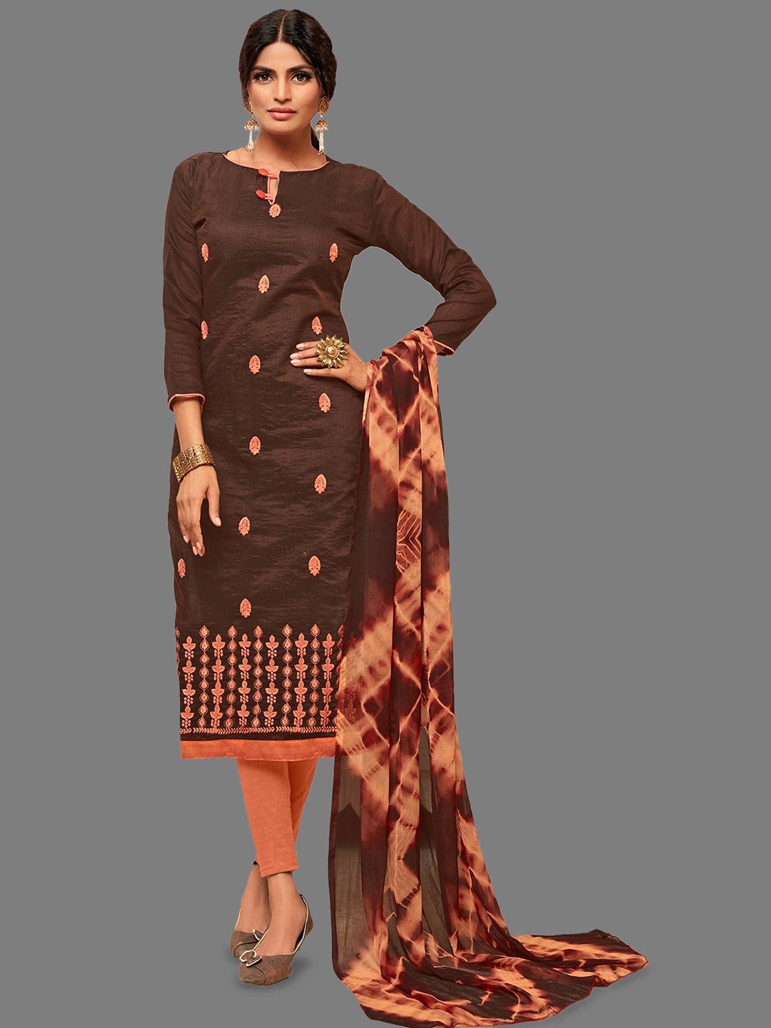 

JULEE Ethnic Motifs Embroidered Pure Cotton Unstitched Dress Material, Brown