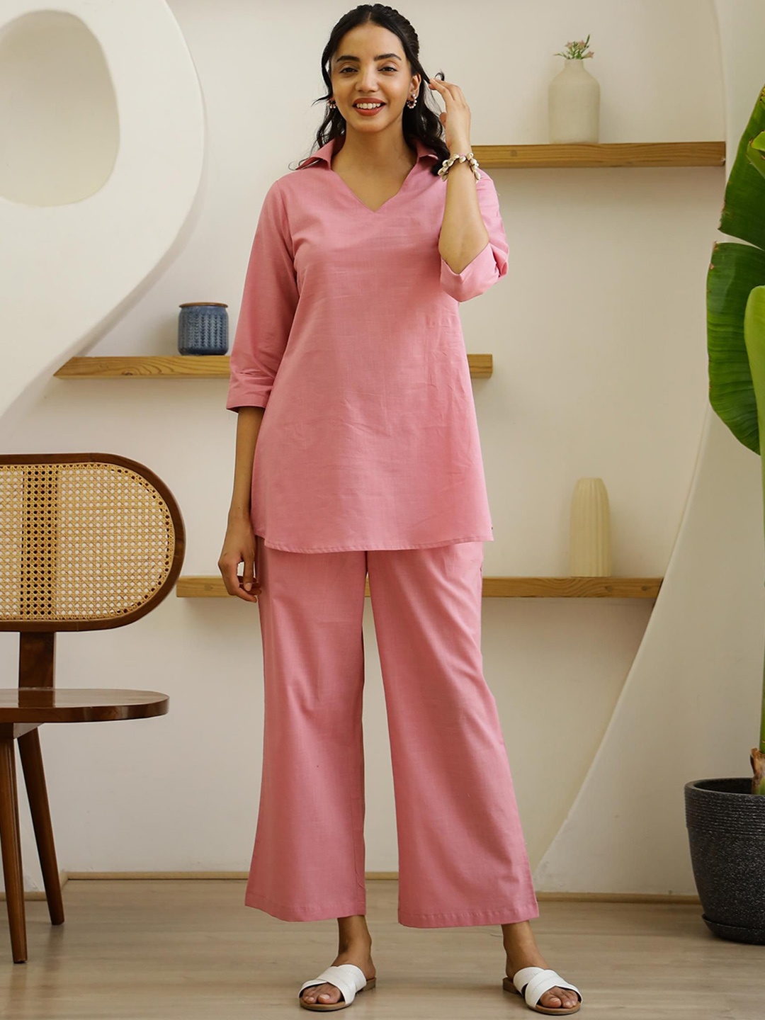 

FLAVIA CREATION Shirt Collar Pure Cotton Tunic With Trousers, Pink