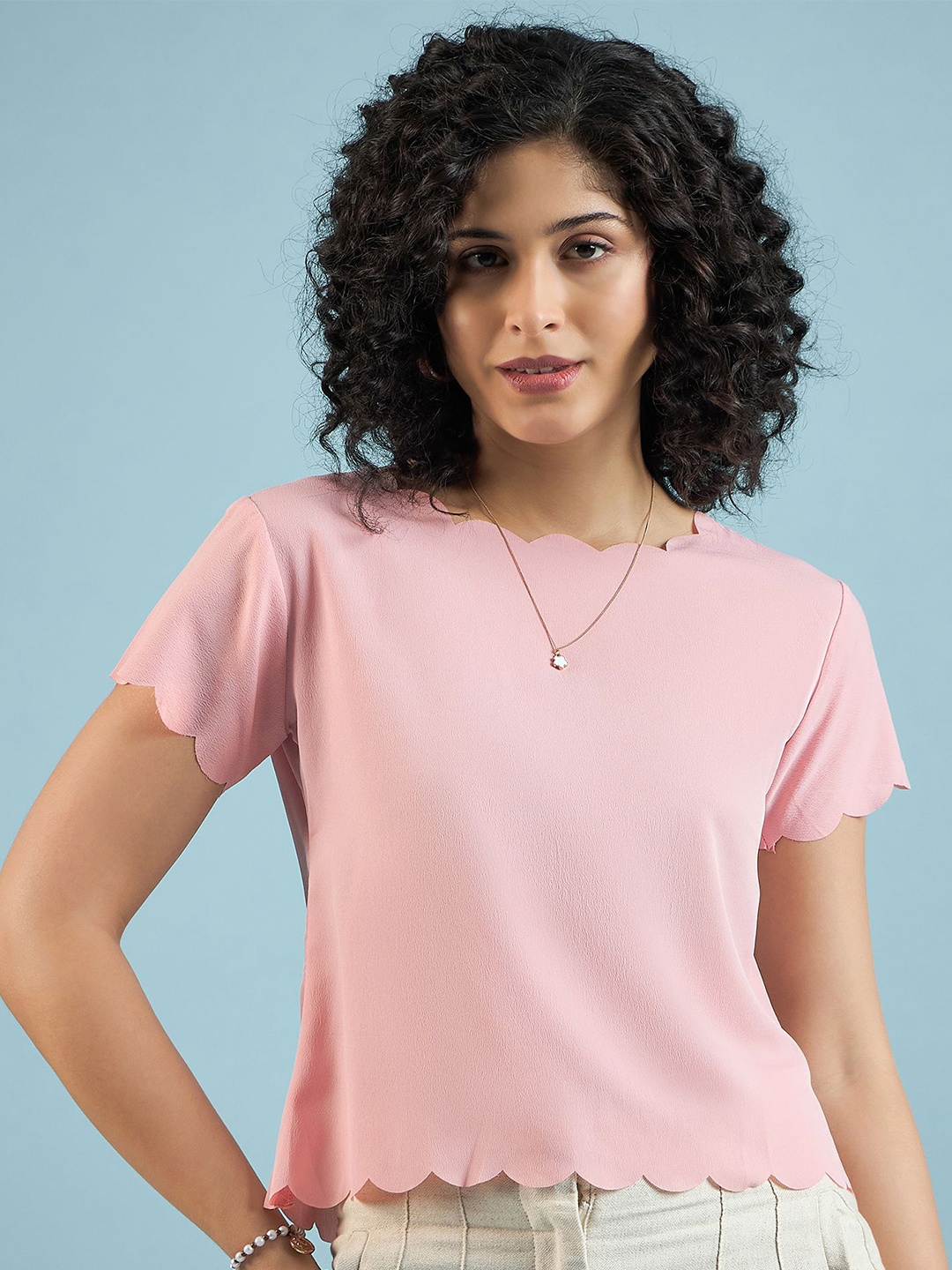 

DressBerry Women Solid Round Neck Polyester Top, Peach