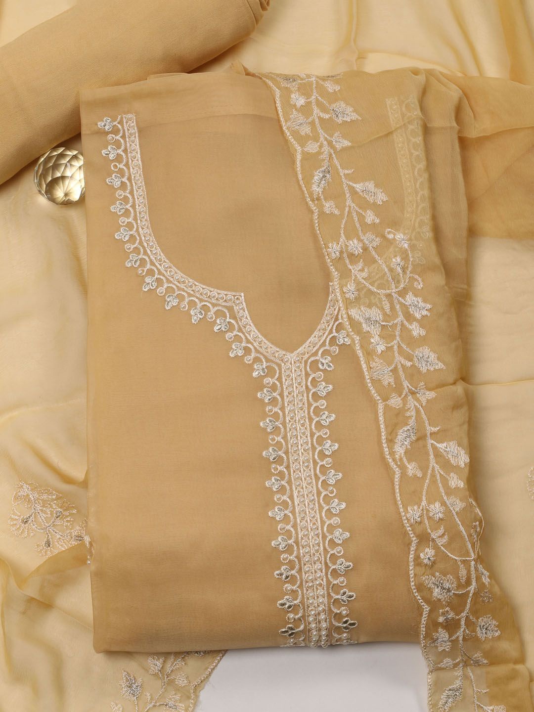 

Meena Bazaar Floral Embroidered Organza Unstitched Dress Material, Mustard