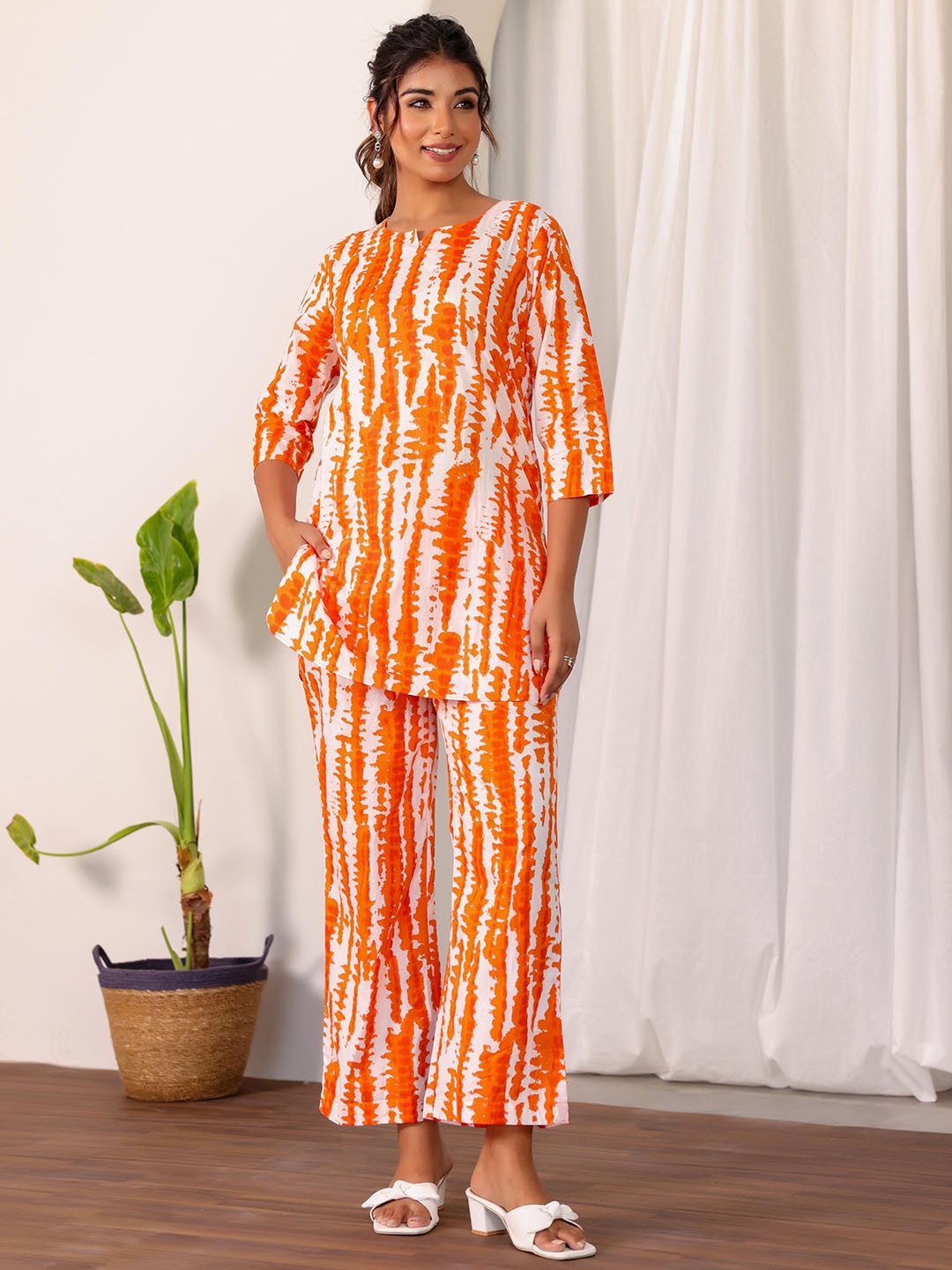 

FLAVIA CREATION Printed Pure Cotton Tunic With Trousers, Orange