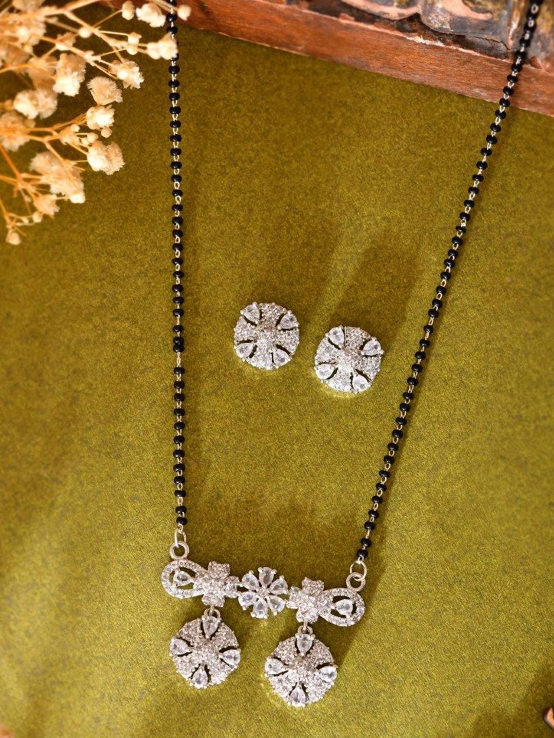 

VOJ Silver-Plated American Diamond Studded & Beaded Mangalsutra Jewellery Set