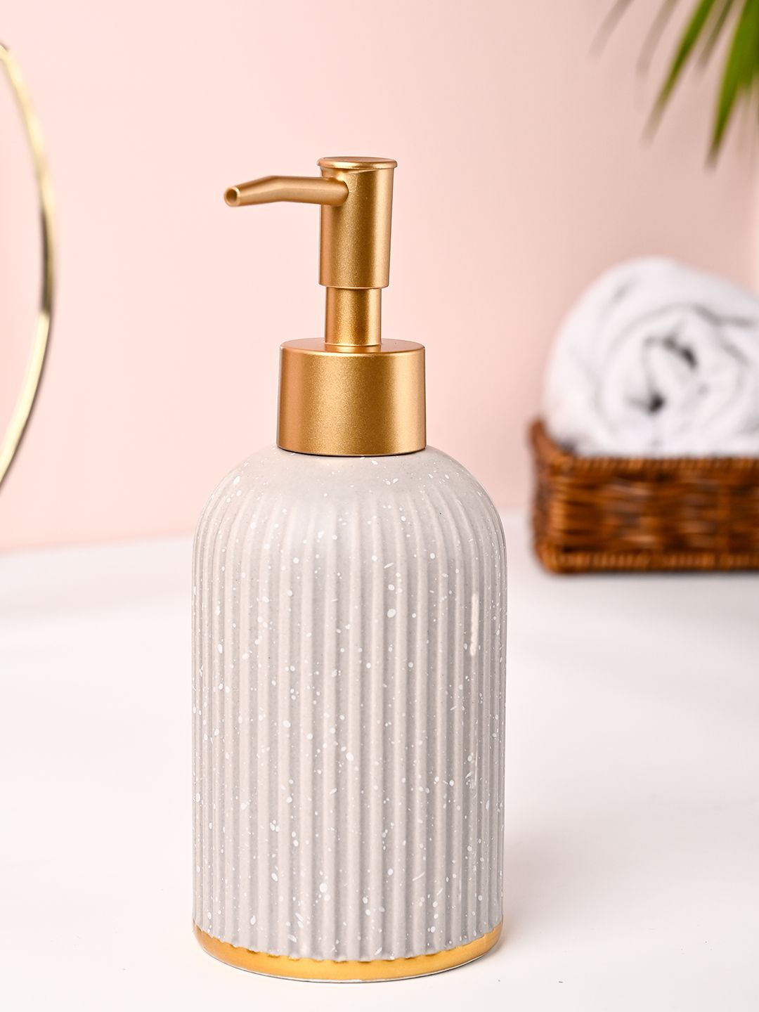 

MARKET99 Off White & Gold-Toned Striped Ceramic Soap Dispenser 212ml