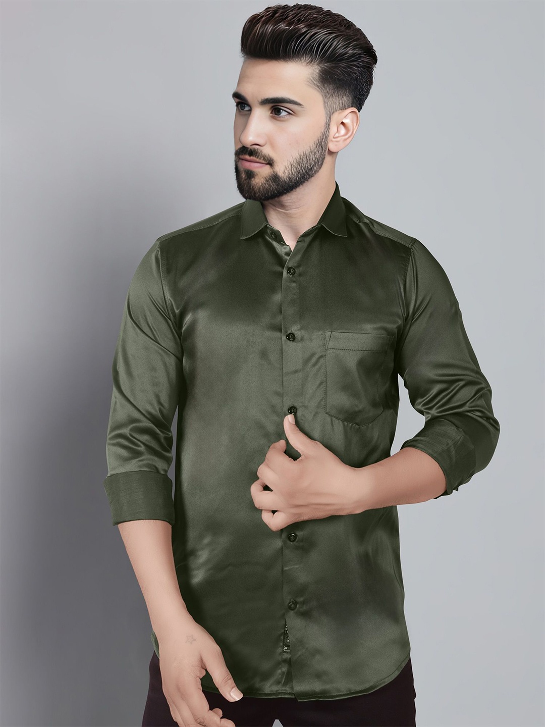 

Jb Just BLACK Men Classic Spread Collar Solid Slim Fit Party Shirt, Green