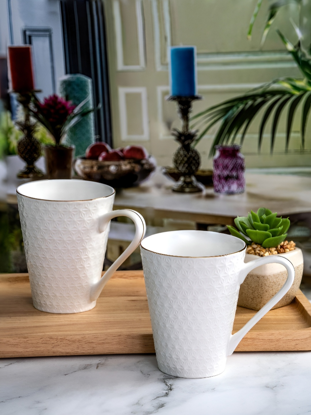 

White Gold White 2 Pieces Textured Porcelain Glossy Mugs 270ml Each