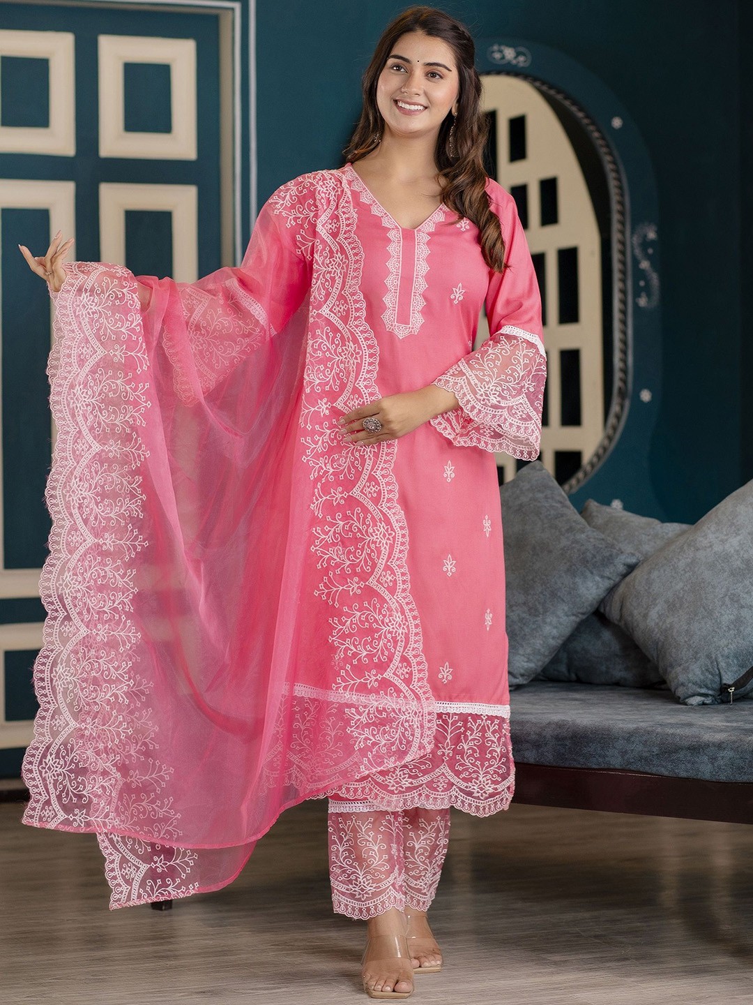 

Charu Ethnic Motifs Embroidered Thread Work Straight Kurta With Trousers & Dupatta, Peach