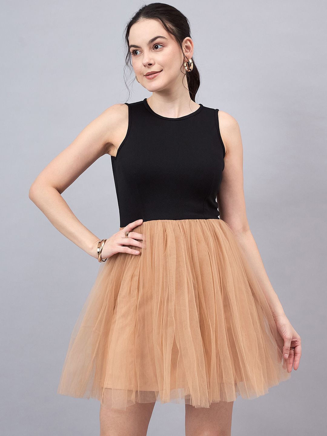 

Style Quotient Women Colourblocked Net Fit & Flare Dress, Black