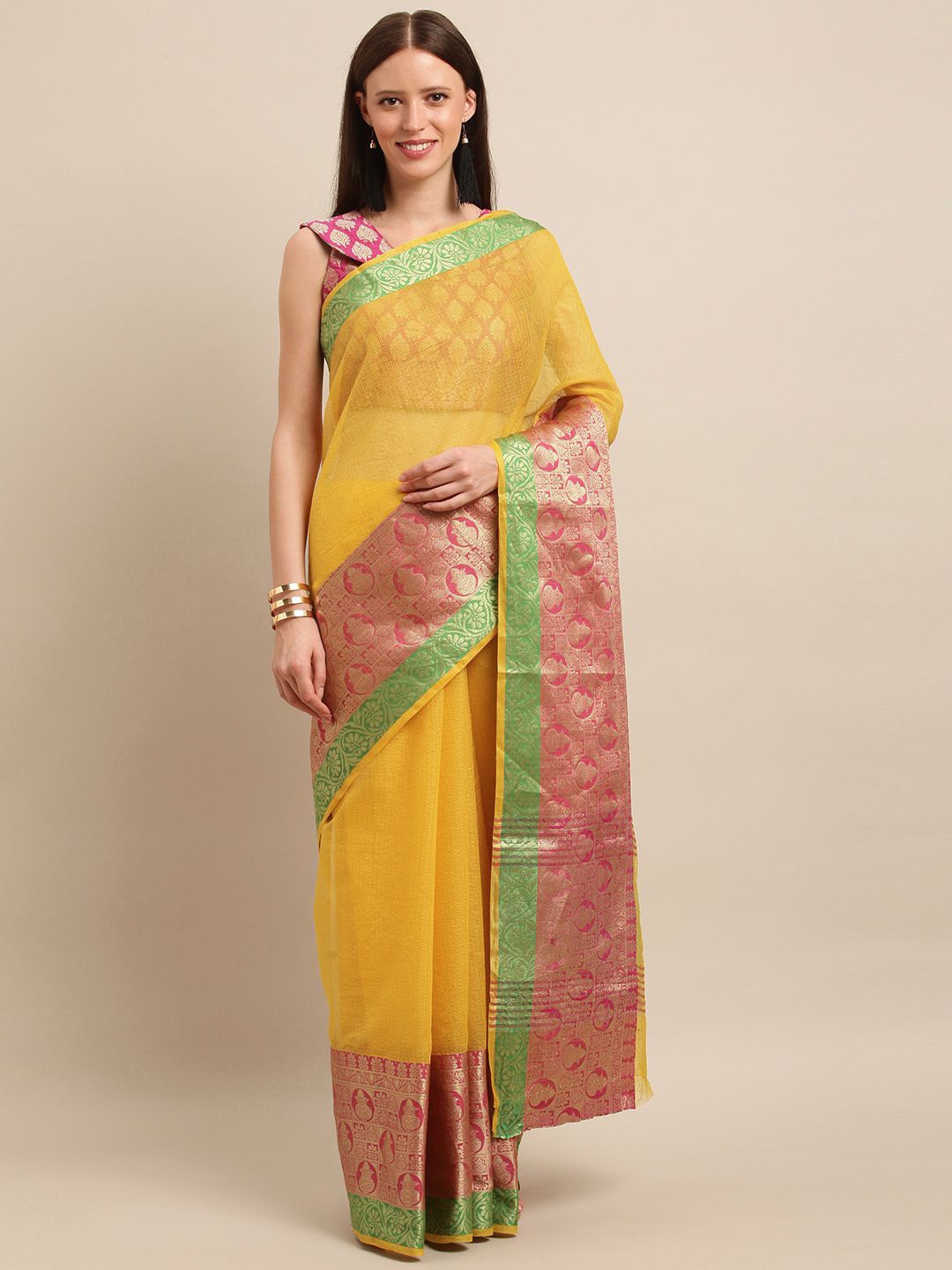 

KULNAARI Ethnic Motifs Zari Linen Blend Saree, Yellow