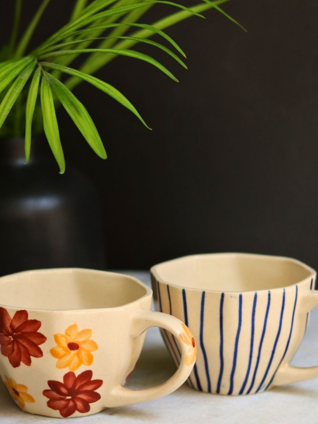 

WEAVING HOMES White & Blue 2 Pieces Printed Ceramic Microwave Safe Glossy Cups 220ml
