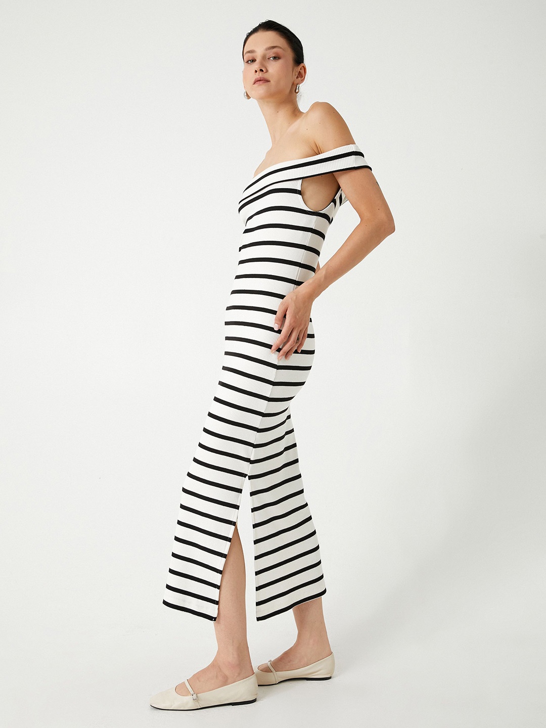 

Koton Off-Shoulder Striped Sheath Dress, Black