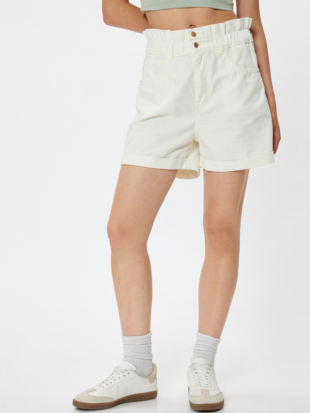 

Koton Women High-Rise Denim Shorts, Off white