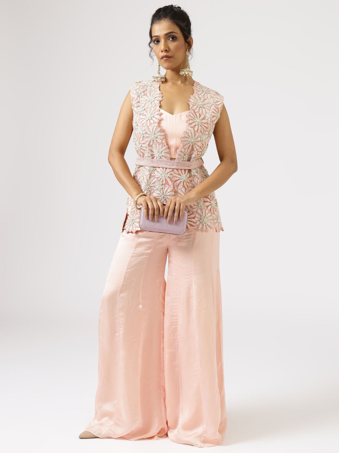 

Shreeka Embroidered Sleeveless Jacket Top Trouser & Waist Belt Co-Ords, Pink