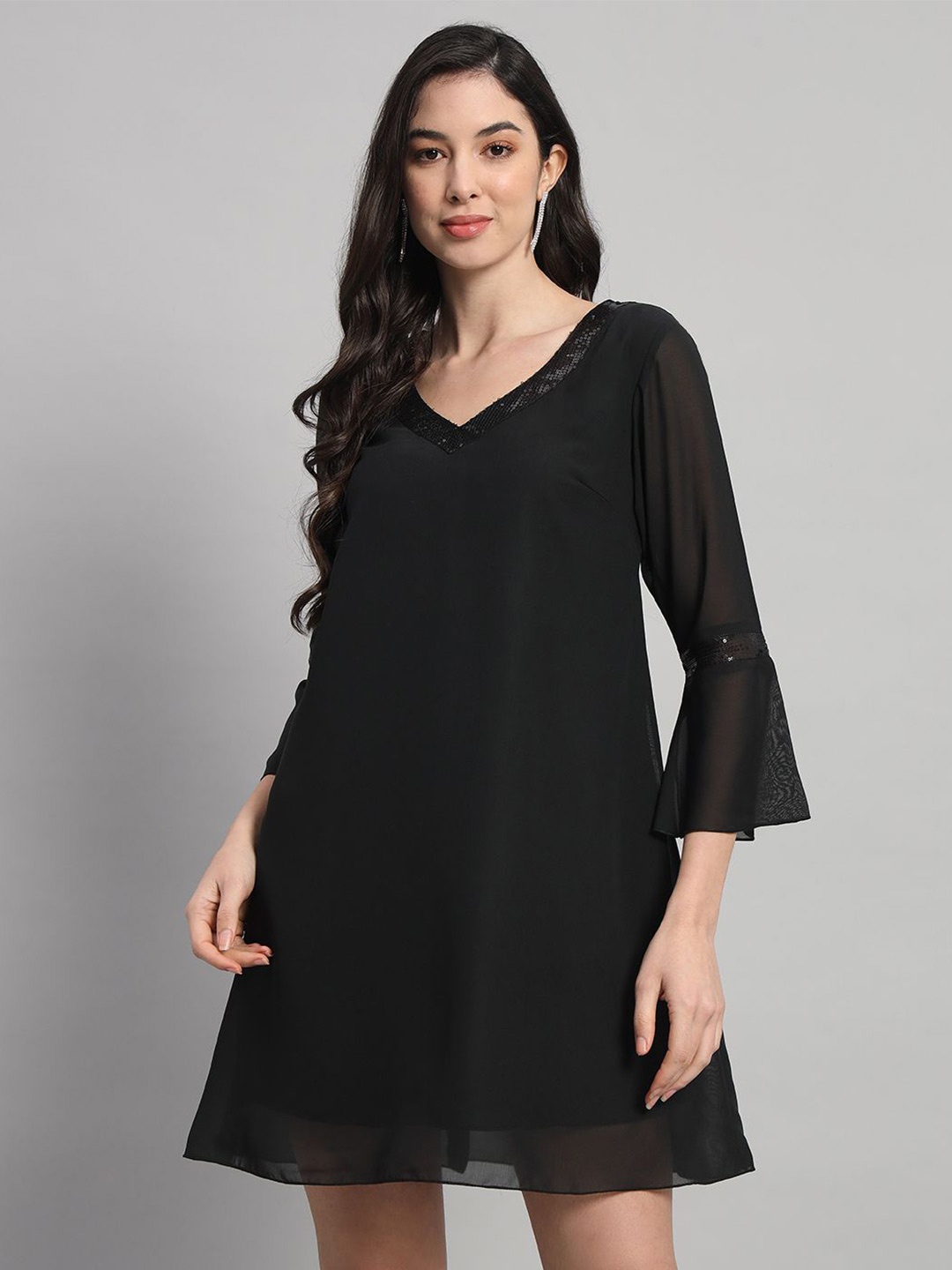

Curvydrobe Women Bell Sleeve Georgette A-Line Dress, Black