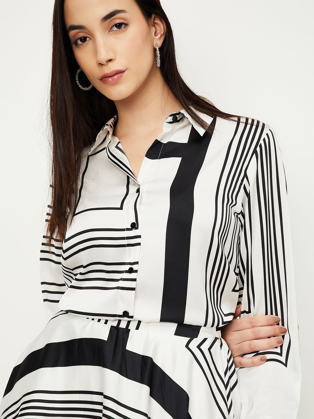 

max Women Spread Collar Abstract Printed Monochrome Casual Shirt, Off white