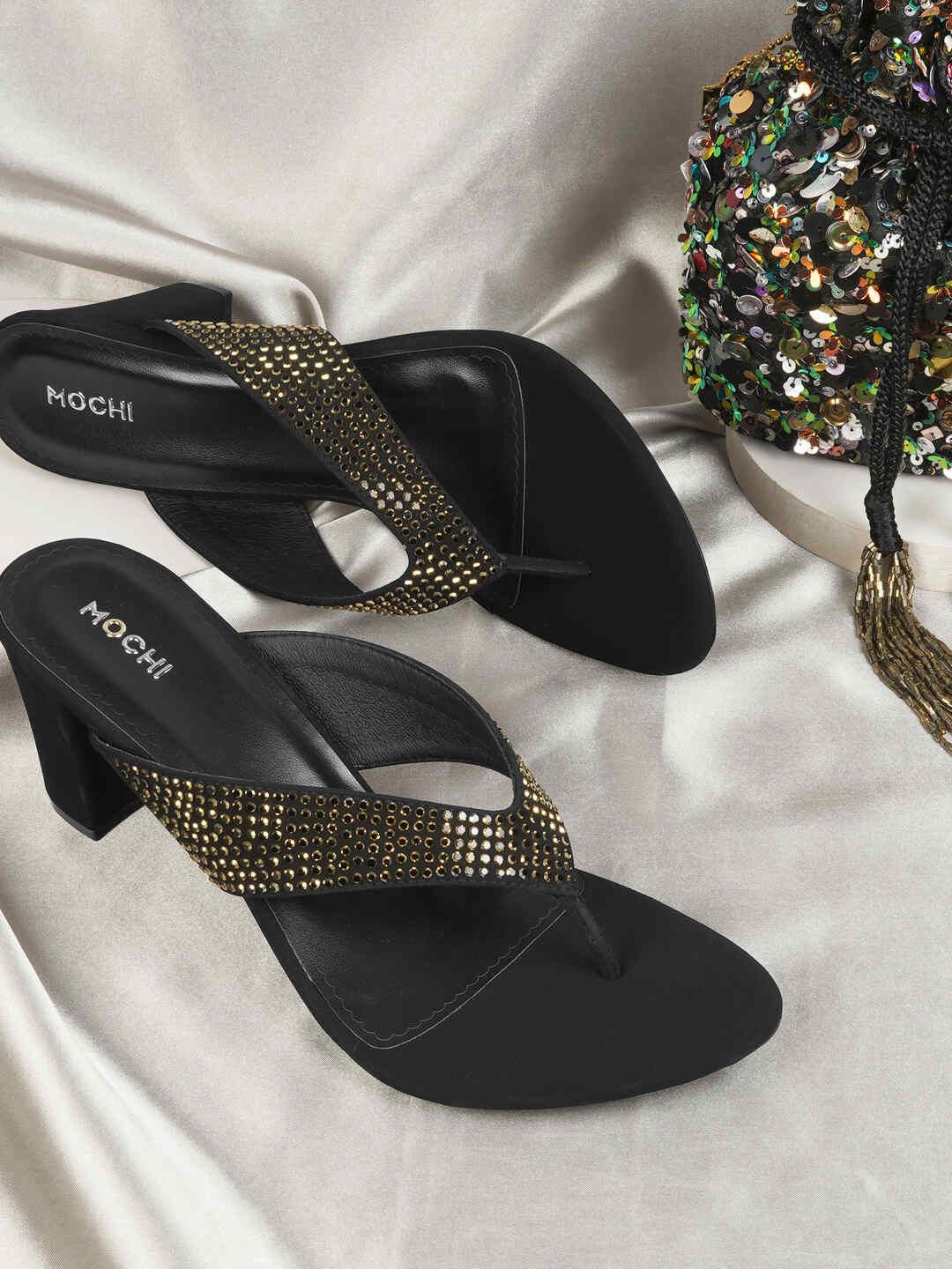 

Mochi Women Embellished Block Sandals, Black