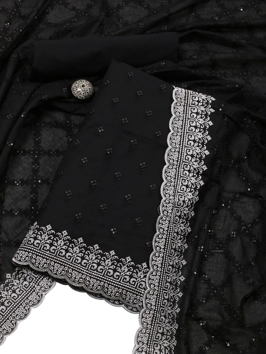 

Meena Bazaar Floral Embroidered Unstitched Dress Material, Black