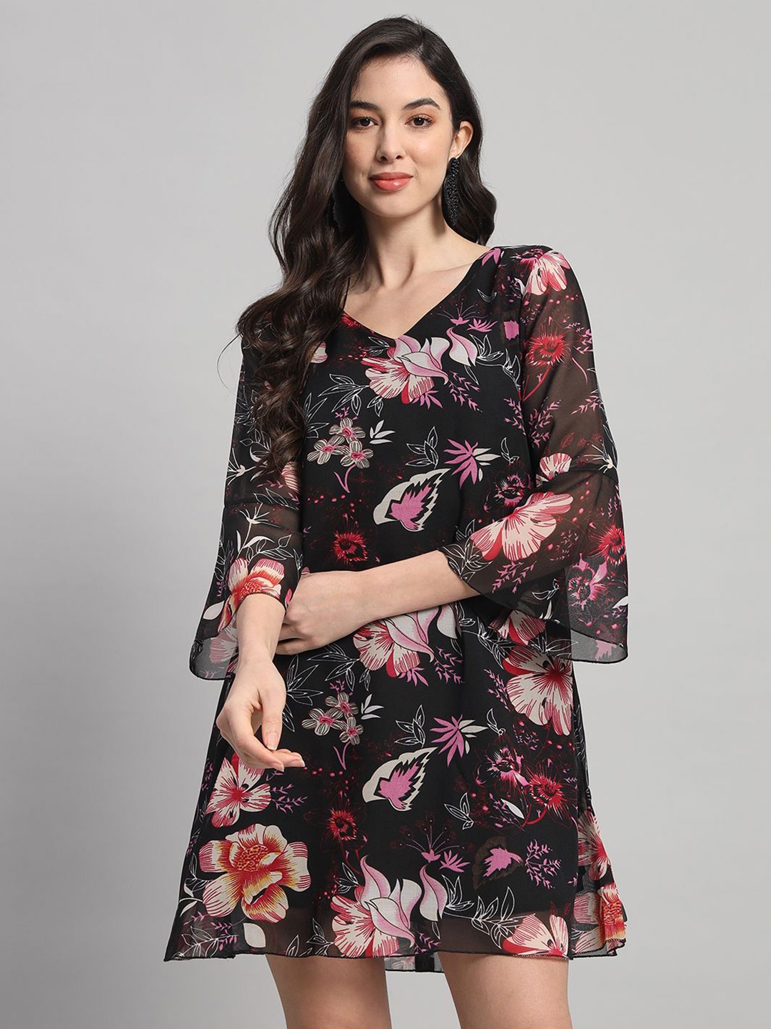 

Curvydrobe Women Floral Printed Flared Sleeve A-Line Dress, Black