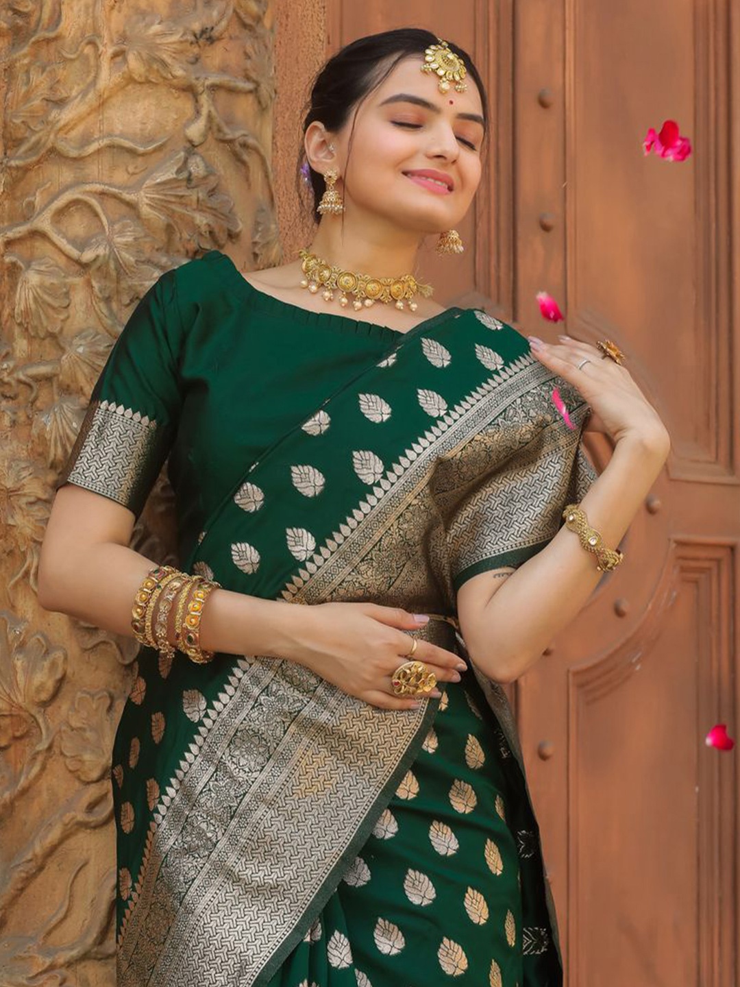 

COSBILA FASHION Ethnic Motifs Zari Woven Banarasi Saree, Green