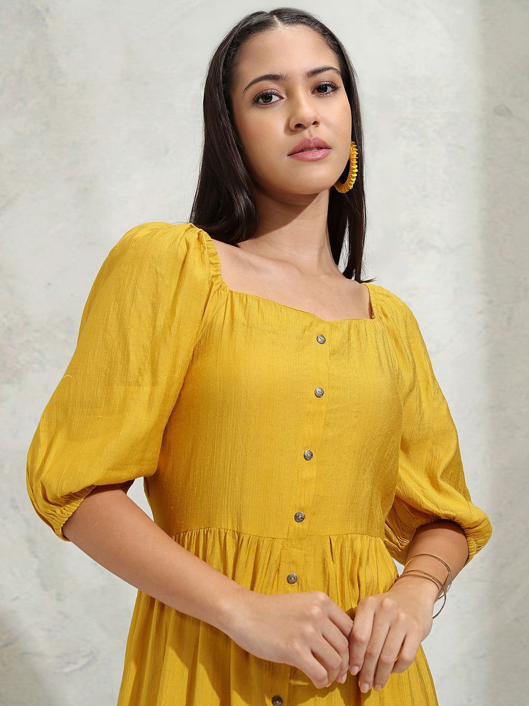

Vishudh Puff Sleeve Fit & Flare Tiered Dress, Mustard