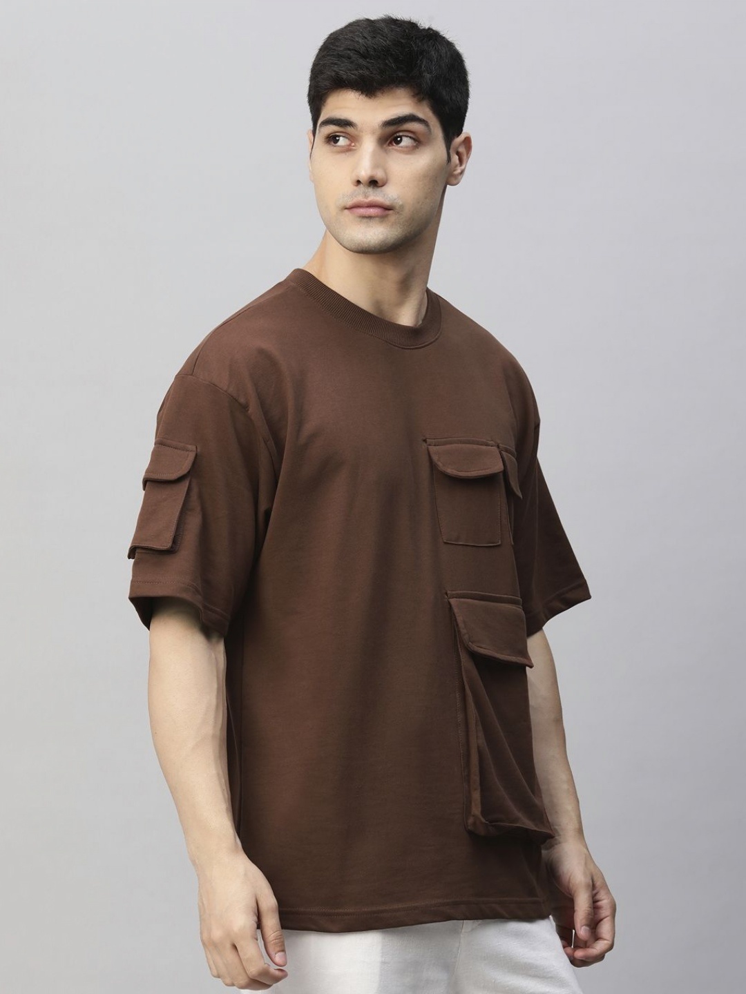 

PRONK Men Solid Round Neck Cotton Oversized T-Shirt, Brown