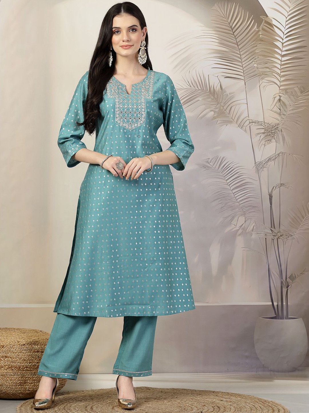 

Nayam By Lakshita Ethnic Motifs Embroidered Straight Kurta with Palazzo & Dupatta, Sea green