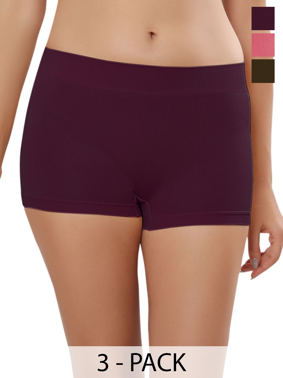 

Bella Voste Pack Of 3 Seamless Boy Shorts Briefs PT-4603-Green-Pink-Maroon-M