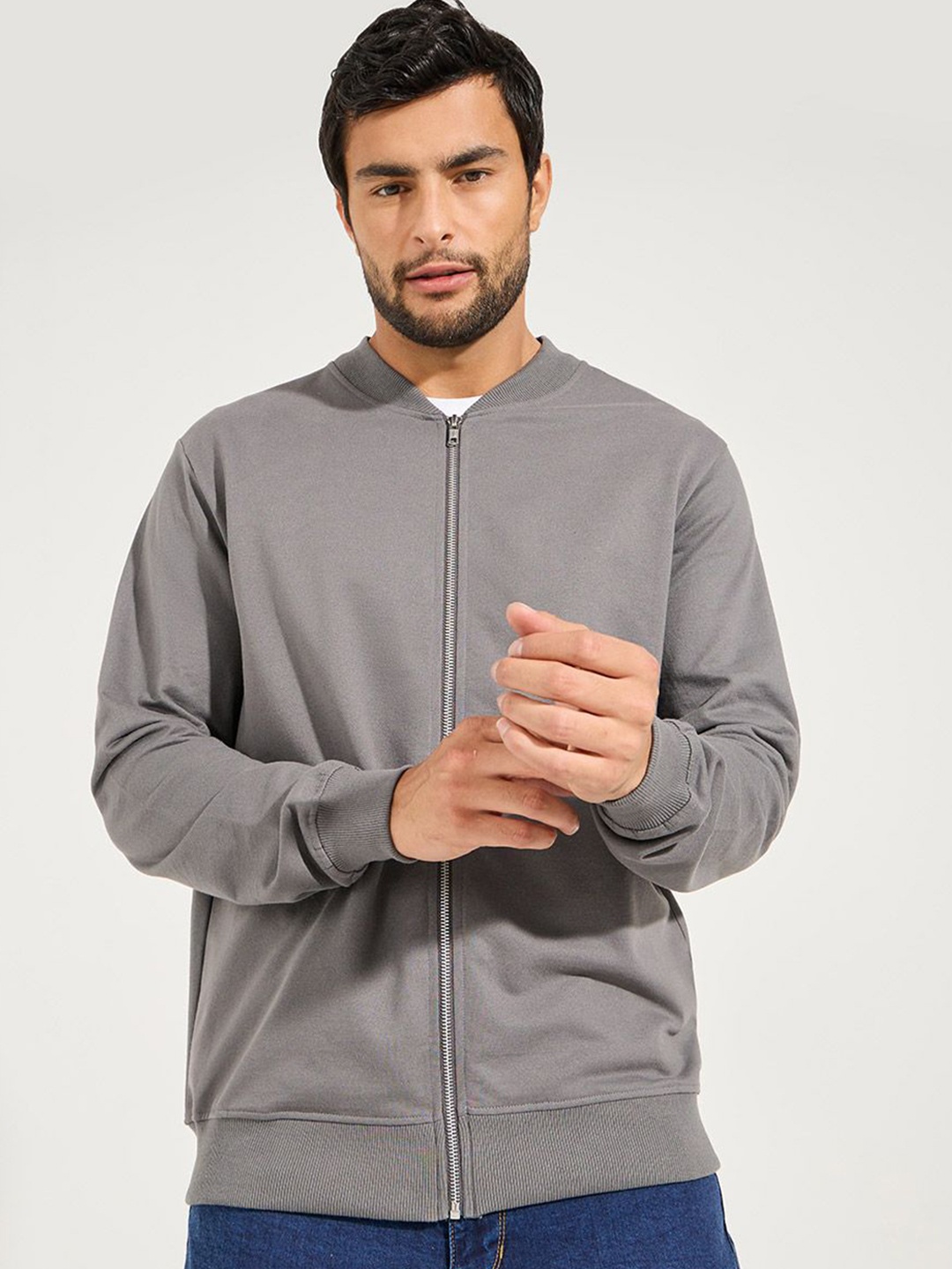 

Styli Stand Collar Long Sleeves Relaxed Bomber Jacket, Grey