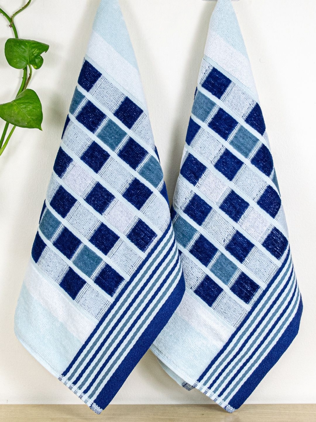 

RANGOLI Blue 2 Piece Checked Printed Pure Cotton Towel Set 450 GSM