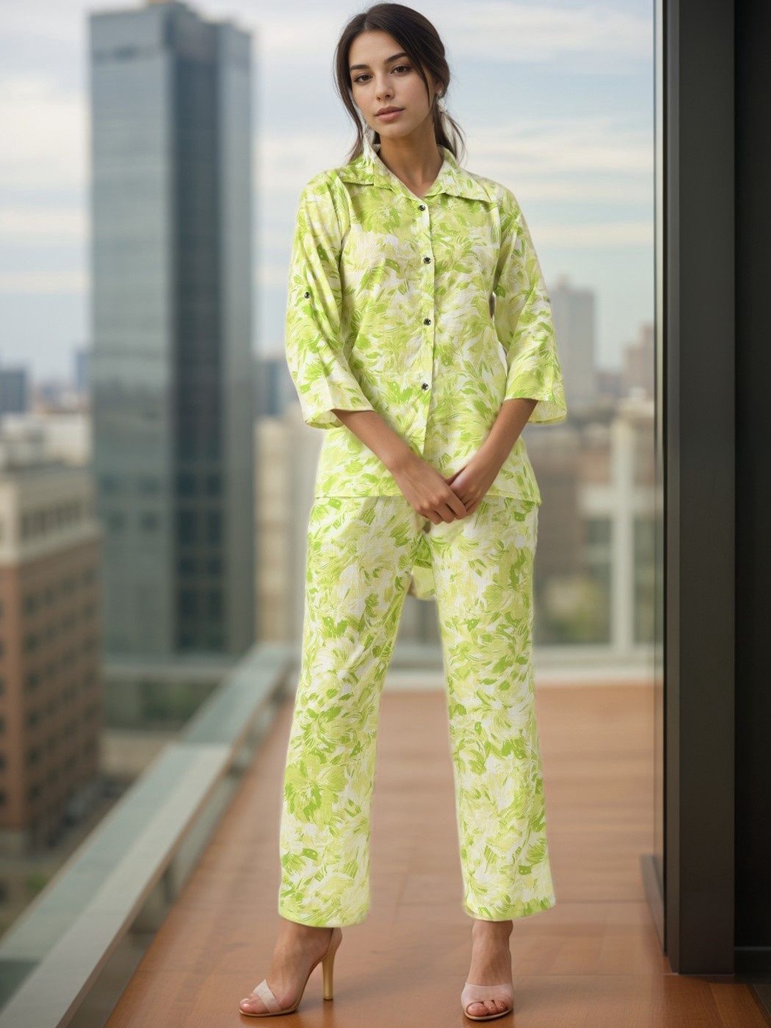 

BAESD Floral Printed Shirt With Palazzos, Green