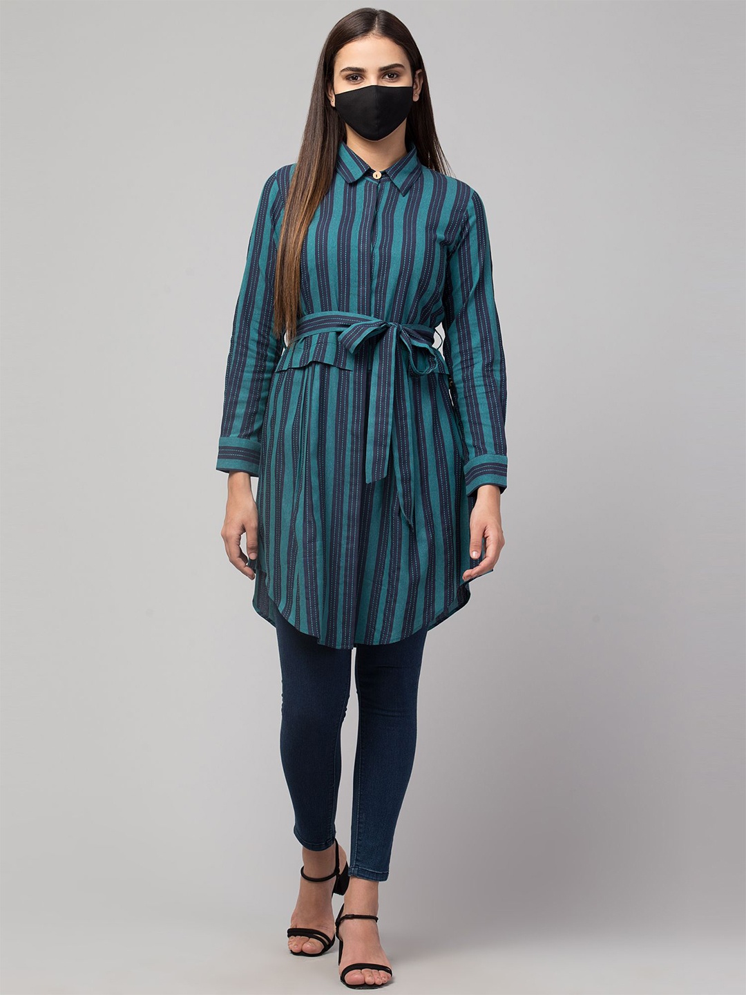 

MUSHKIYA Shirt Collar Striped Tunic, Teal