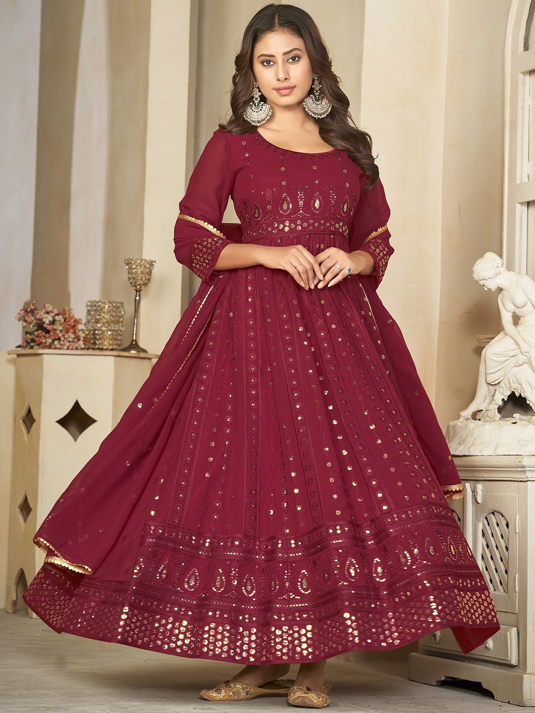 

Warthy Ent Floral Embroidered Sequinned Semi-Stitched Dress Material, Maroon