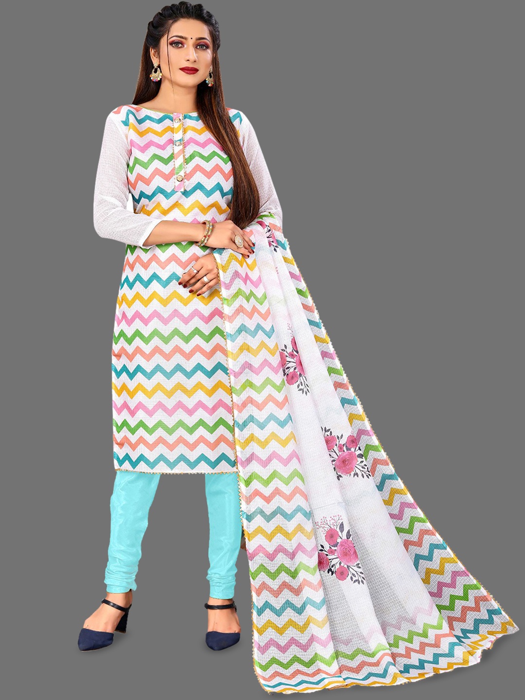 

JULEE Geometric Printed Gotta Patti Pure Cotton Unstitched Dress Material, White