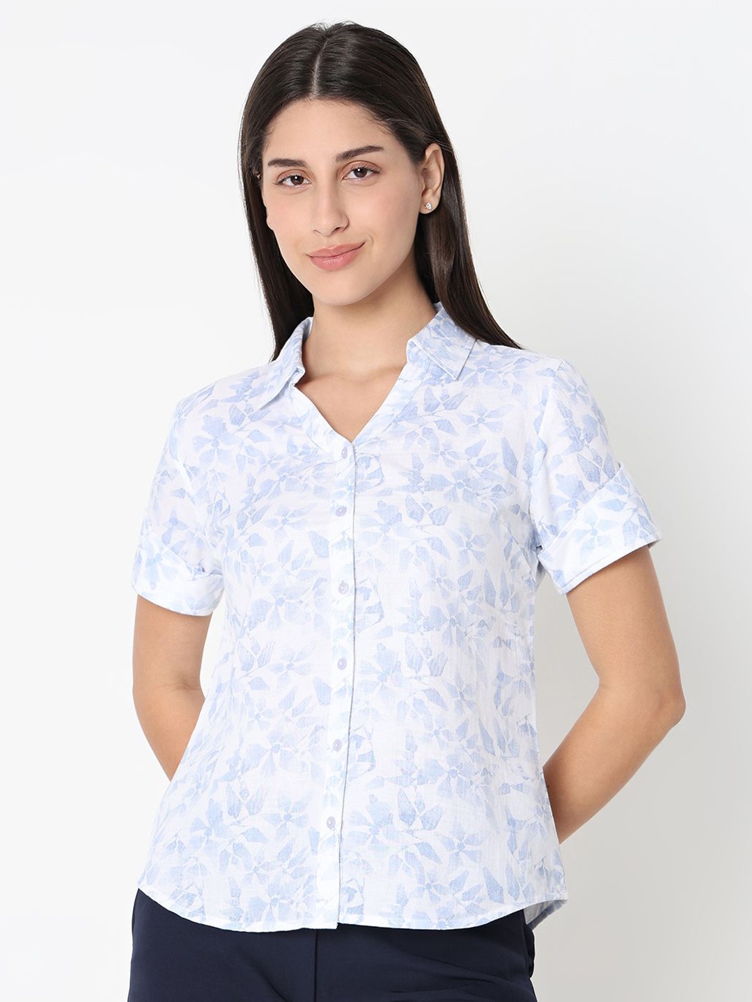 

NOT SO PINK Women Spread Collar Floral Printed Tropical Cotton Casual Shirt, Off white
