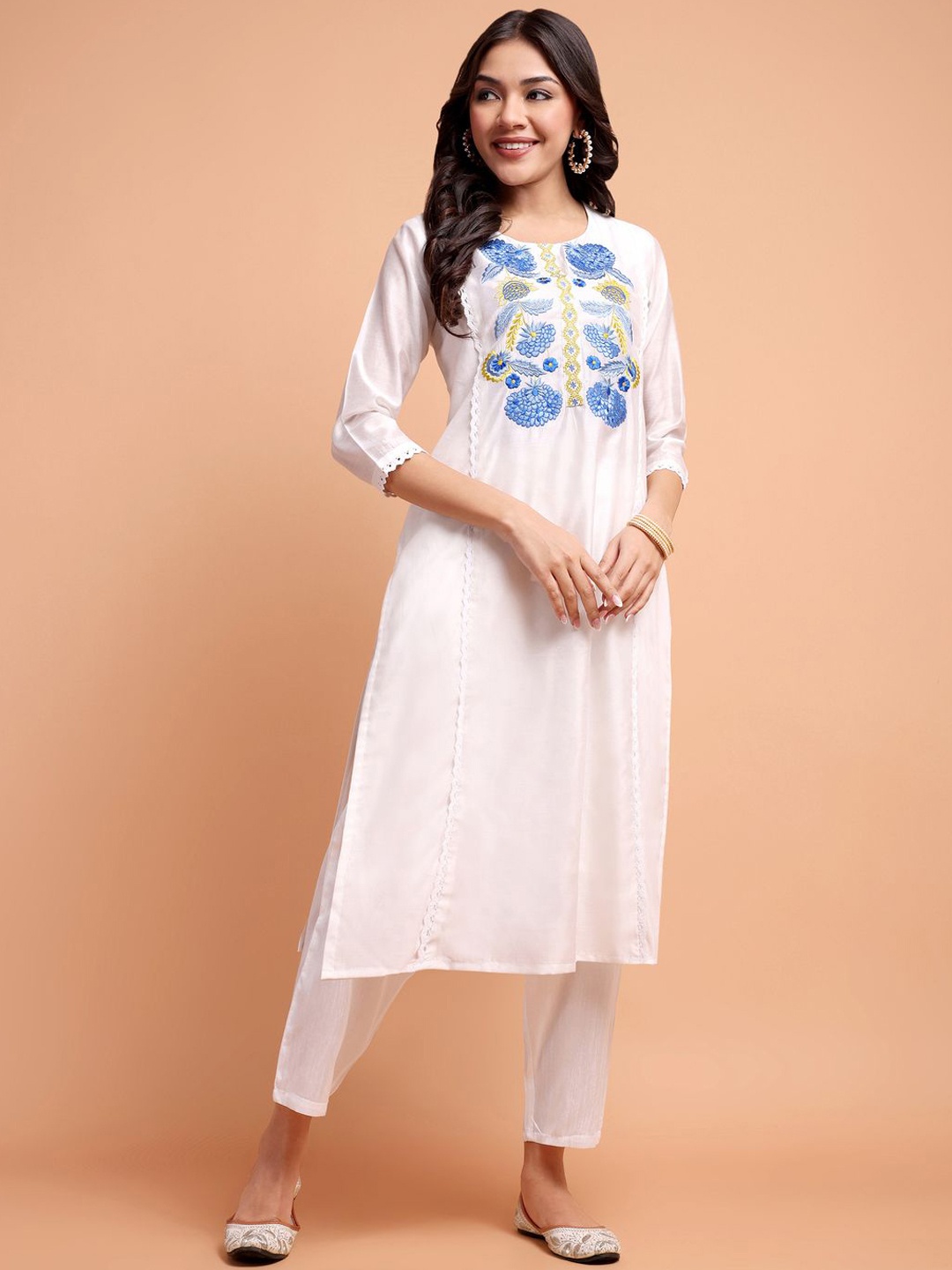 

ALANKARI Floral Yoke Design Straight Thread Work Chanderi Cotton Kurta with Trousers, White