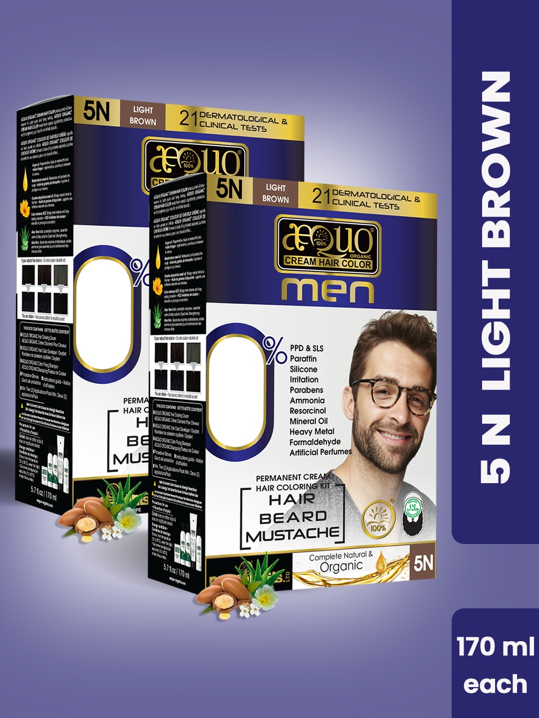 

Aequo Organic Men Set Of 2 Permanent Hair Color For Hair Beard & Moustache Men - 5N Light Brown - 170 ml